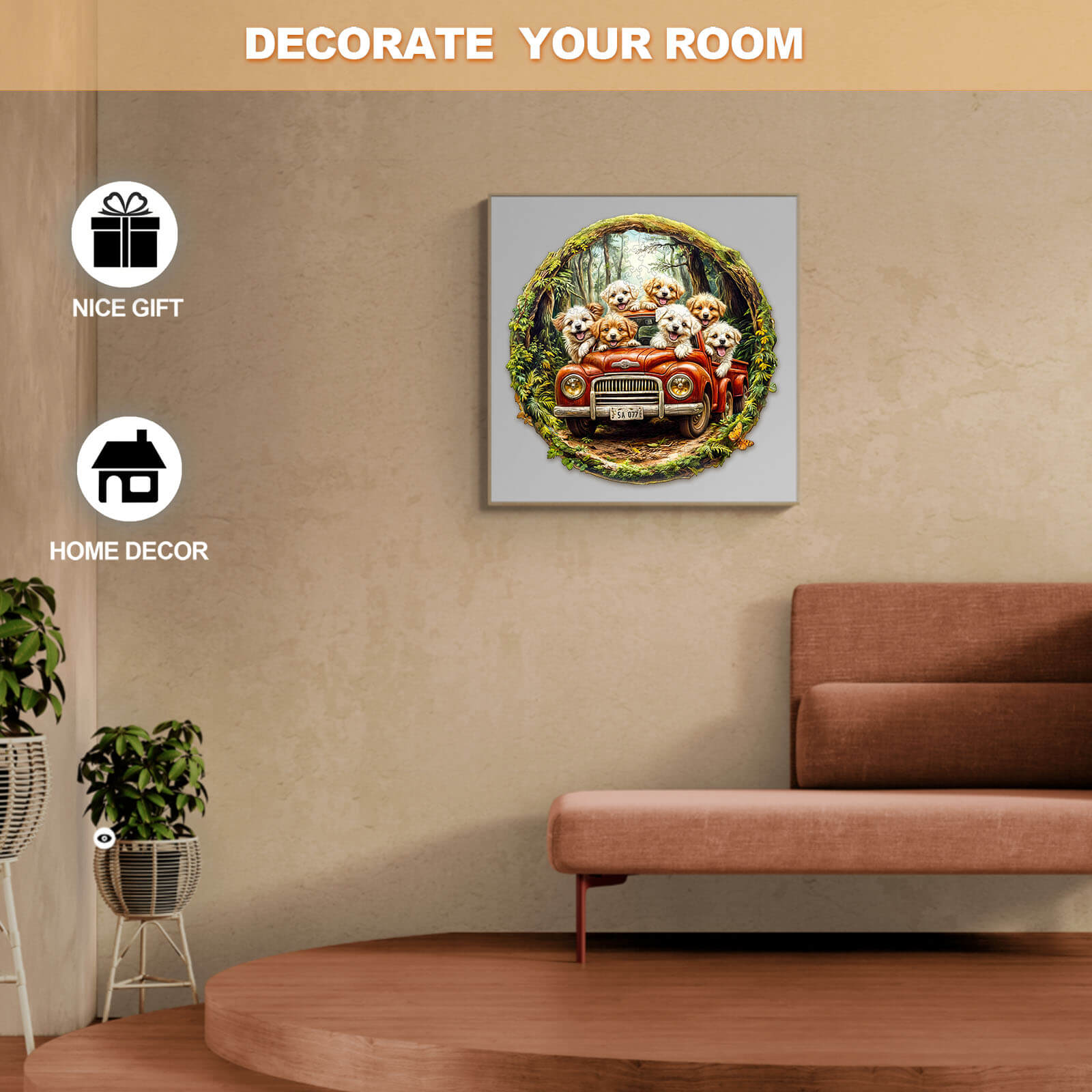 Cute puppy wall art in a cozy living room setting, perfect for home decor and as a nice gift.
