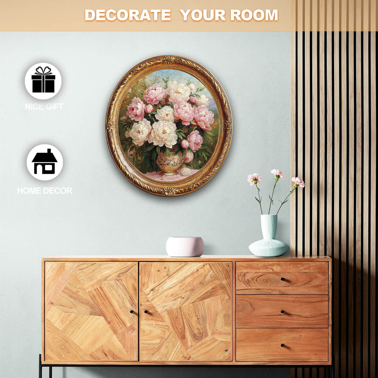 Beautiful floral wall art in a gold frame above a modern wooden cabinet, perfect for home decor and gifts.