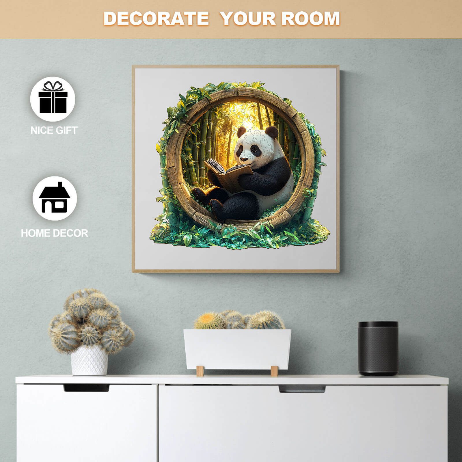 3D Bamboo Grove Scholar Panda puzzle displayed in modern home decor, perfect for gifts and enhancing room aesthetics.