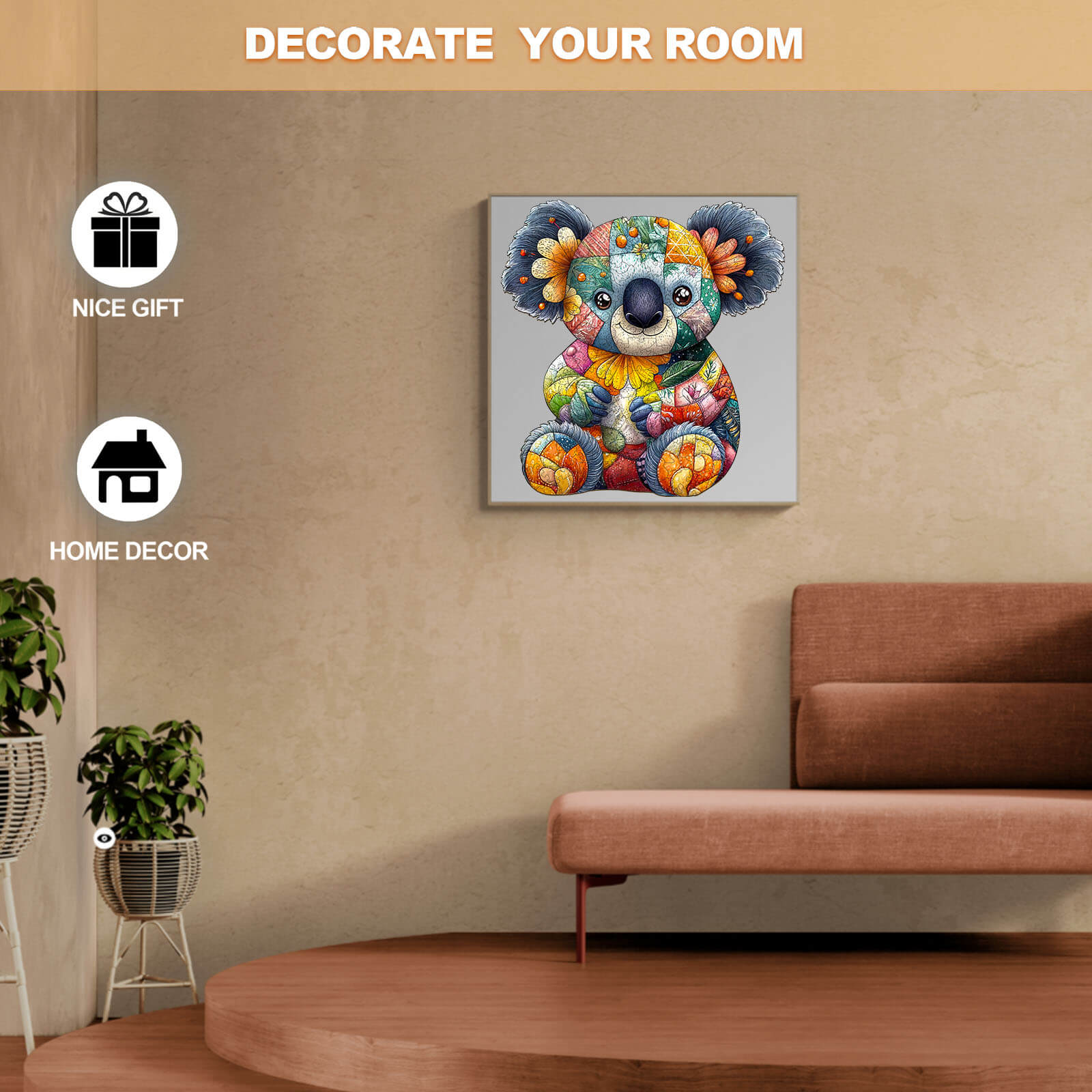 Colorful patchwork koala wooden jigsaw puzzle, perfect for home decor and as a thoughtful gift.