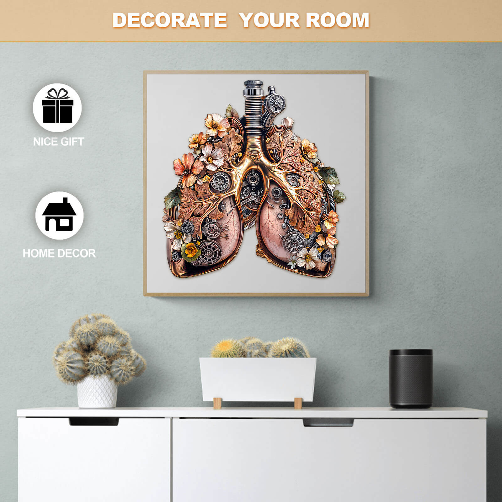 3D Mechanical Lung wooden jigsaw puzzle displayed as unique home decor art piece.