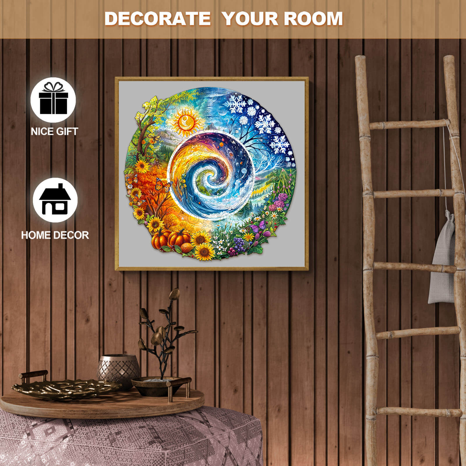 Seasons of Life wooden jigsaw puzzle displayed as vibrant home decor, ideal for gifts and enhancing room aesthetics.