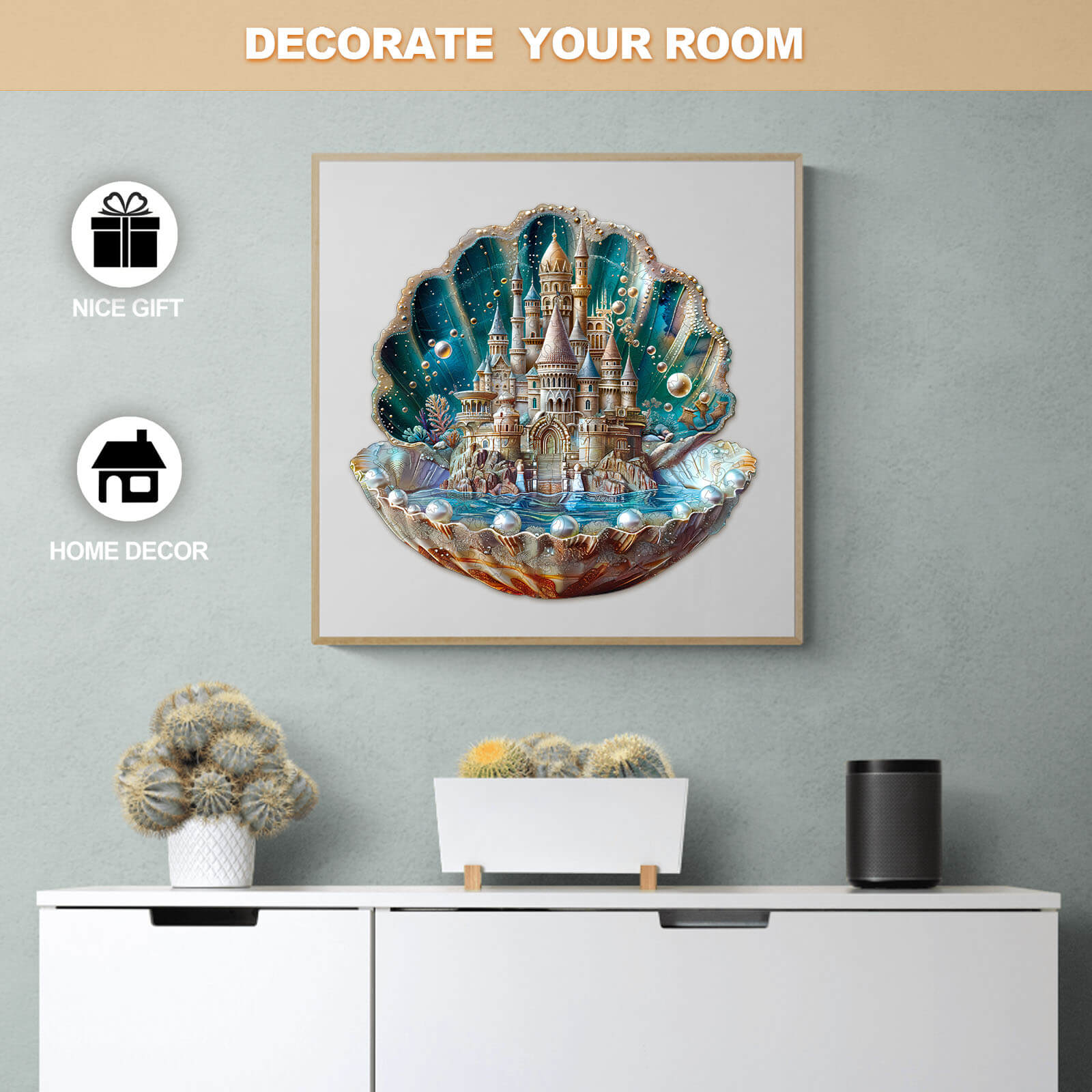 Decorative Pearlspire Citadel-2 wooden jigsaw puzzle artwork in a shell frame for home decor and gifting.