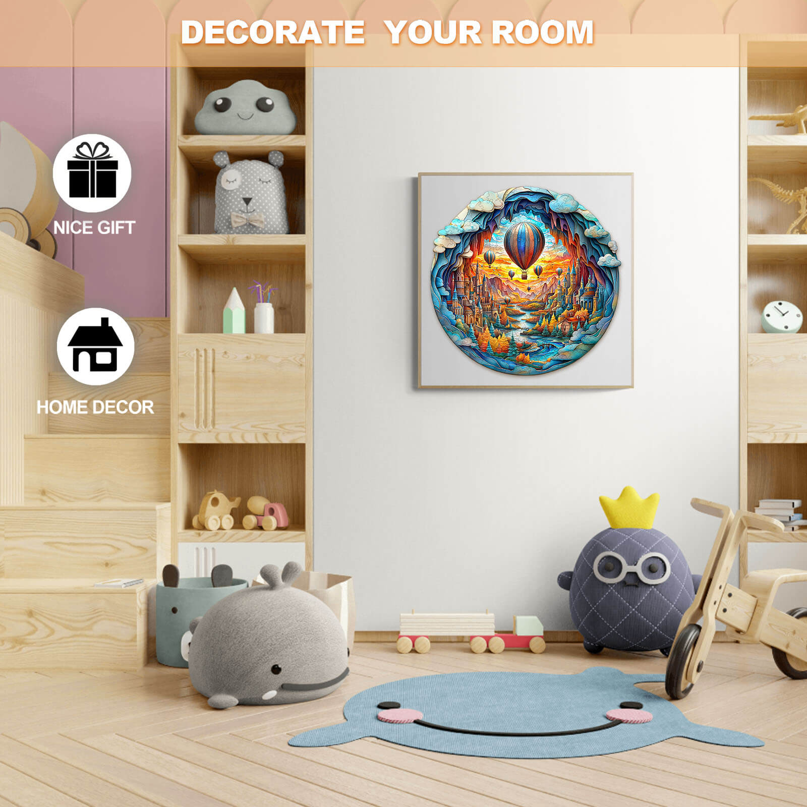 Colorful 3D Balloon town wooden jigsaw puzzle displayed in a cozy room. Ideal for home decor and as a unique gift.