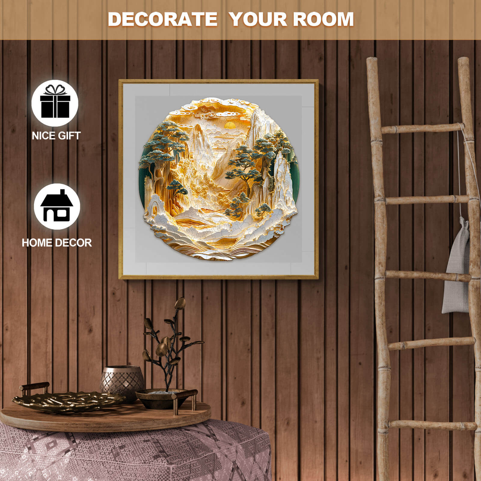 3D Golden Mountains wooden jigsaw puzzle displayed as home decor, perfect for gifting and room decoration.