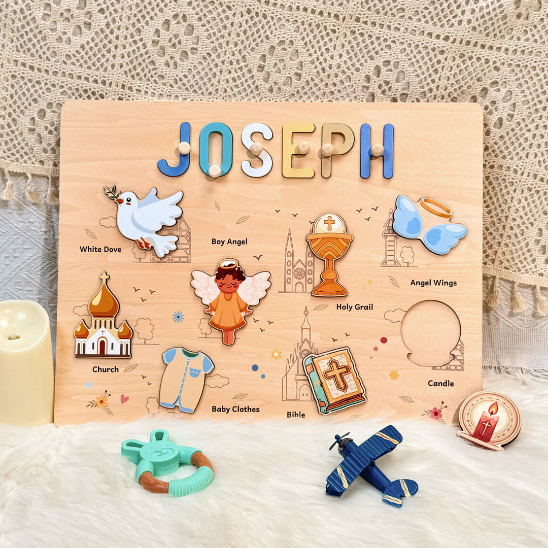 Personalized Wooden Name Puzzle - Baptism Boy Set for Toddlers