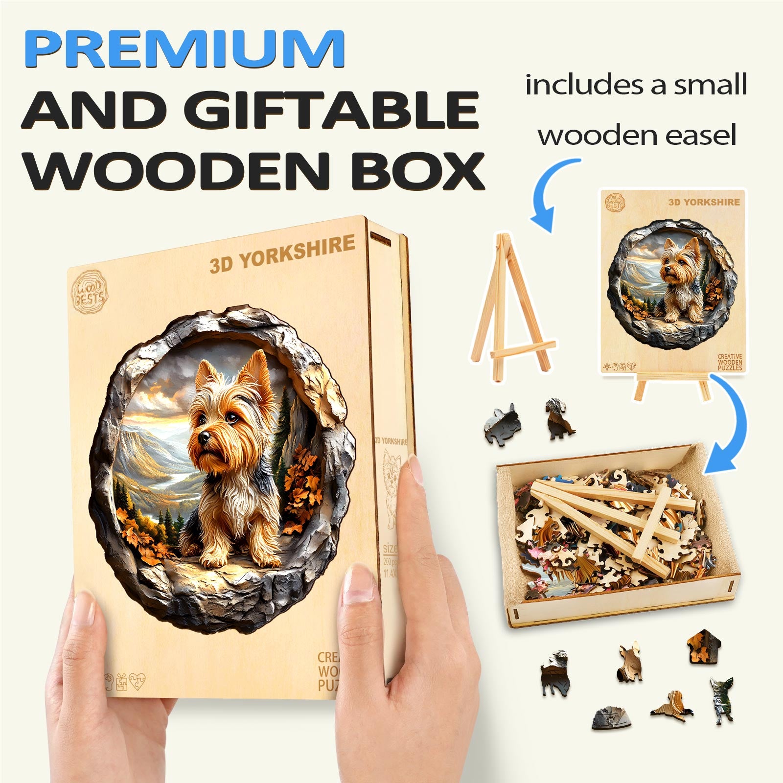 3D Yorkshire wooden jigsaw puzzle in a premium gift box, featuring a small wooden easel for display.