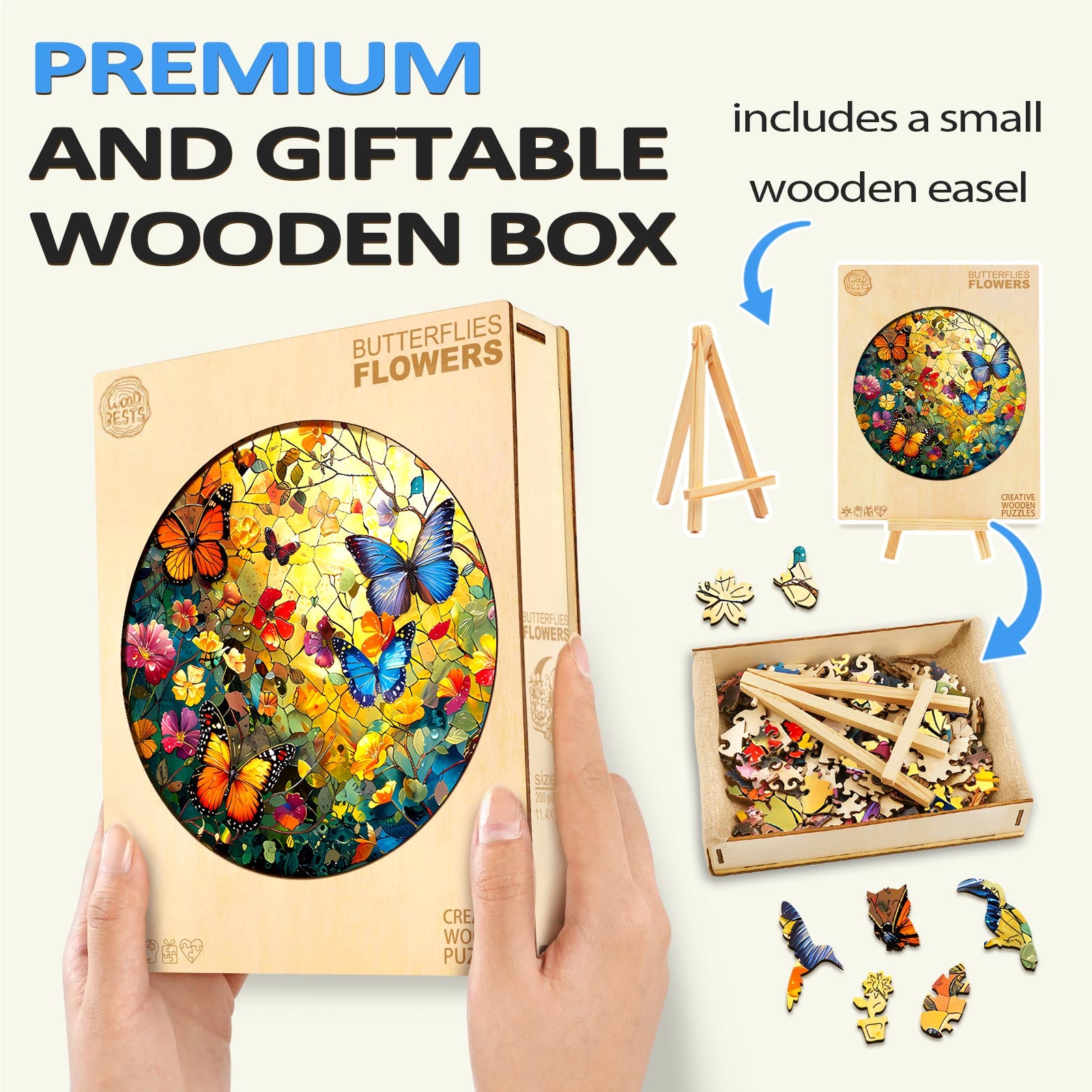 Butterflies and Flowers wooden jigsaw puzzle in a premium gift box, featuring a small wooden easel and vibrant butterfly design.