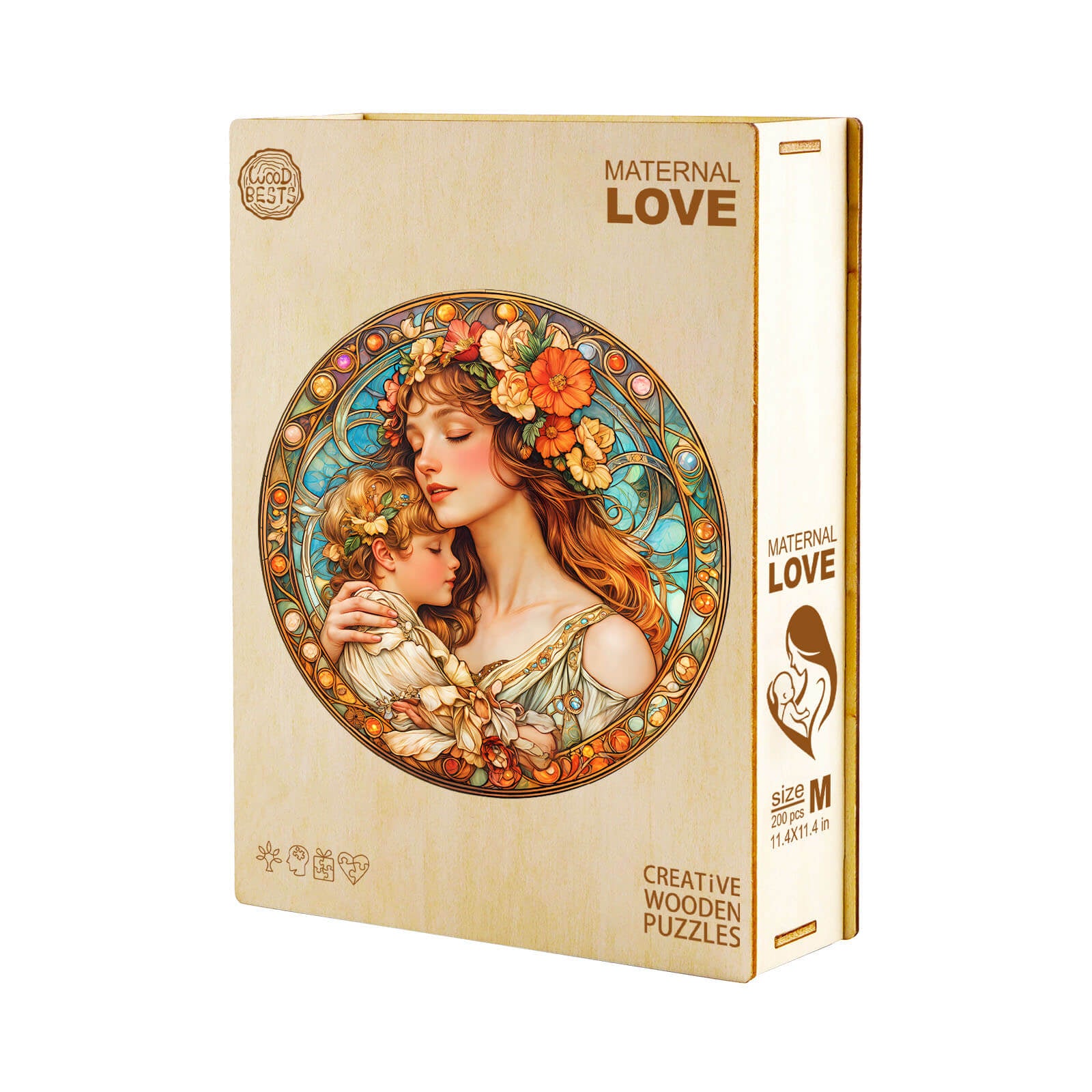 Maternal Love wooden jigsaw puzzle box featuring a mother and child illustration, designed for focused mind games.