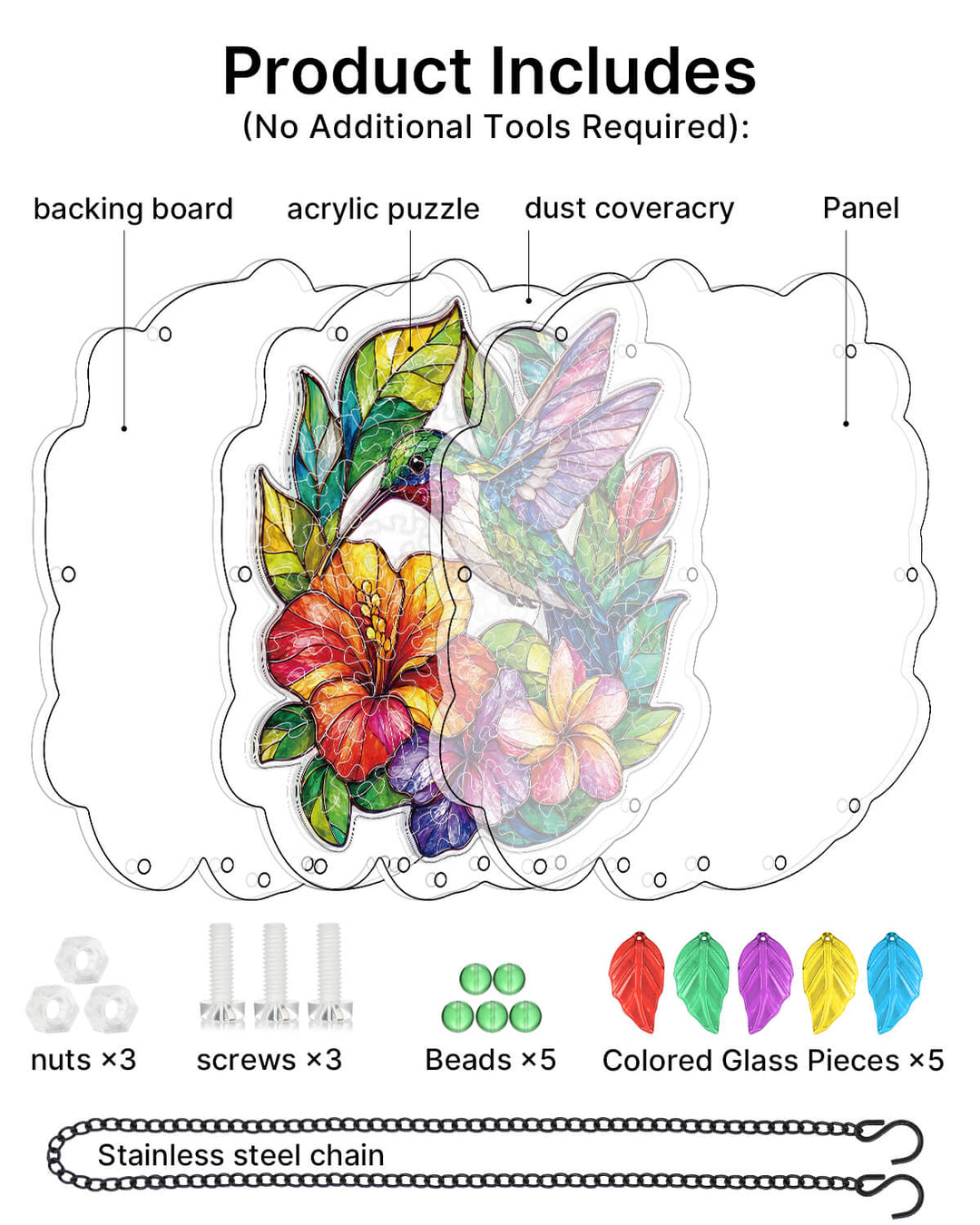 Acrylic Puzzle Suncatcher Wind Chime - Hummingbird Garden