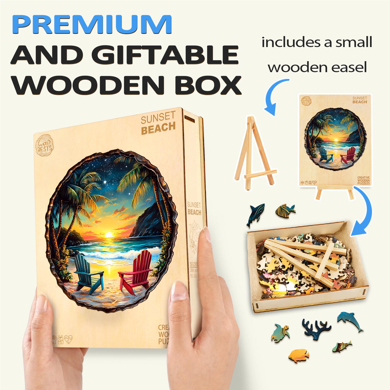 3D Sunset Beach wooden jigsaw puzzle box with included easel, perfect gift for mindful games and relaxation.