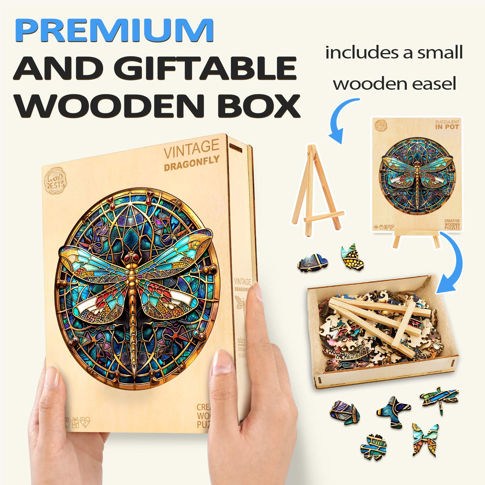 Vintage Dragonfly wooden jigsaw puzzle in a premium gift box with wooden easel, ideal for puzzle enthusiasts.