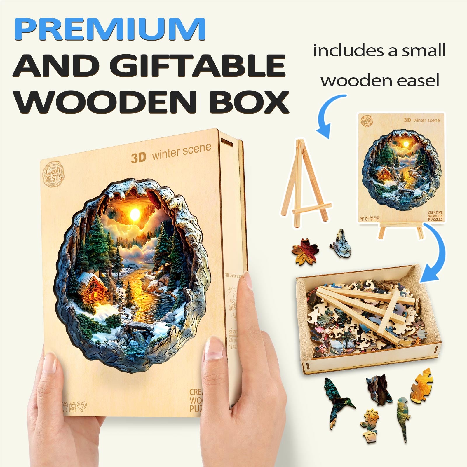 3D Winter Scene Wooden Jigsaw Puzzle in a premium gift box with a wooden easel and colorful puzzle pieces.