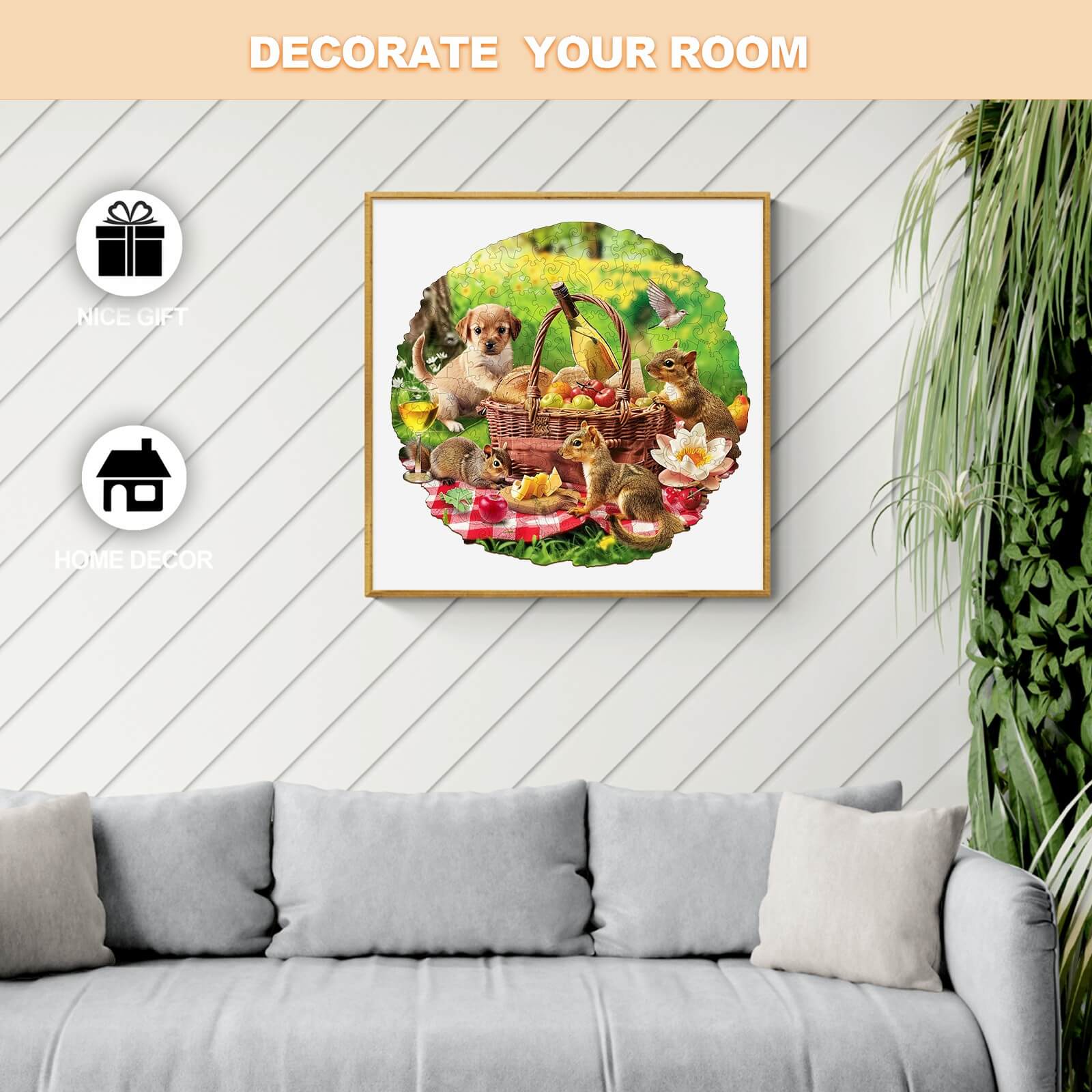 Animal Picnic jigsaw puzzle art featuring a puppy and wildlife, ideal for home decor and gifts.