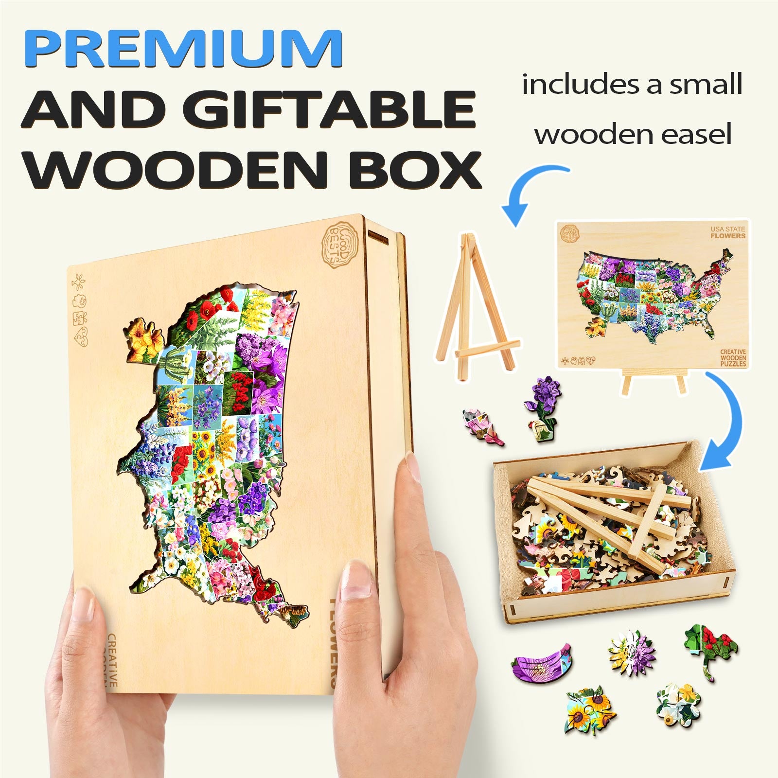 USA State Flowers wooden jigsaw puzzle in a premium gift box with a small easel for display.