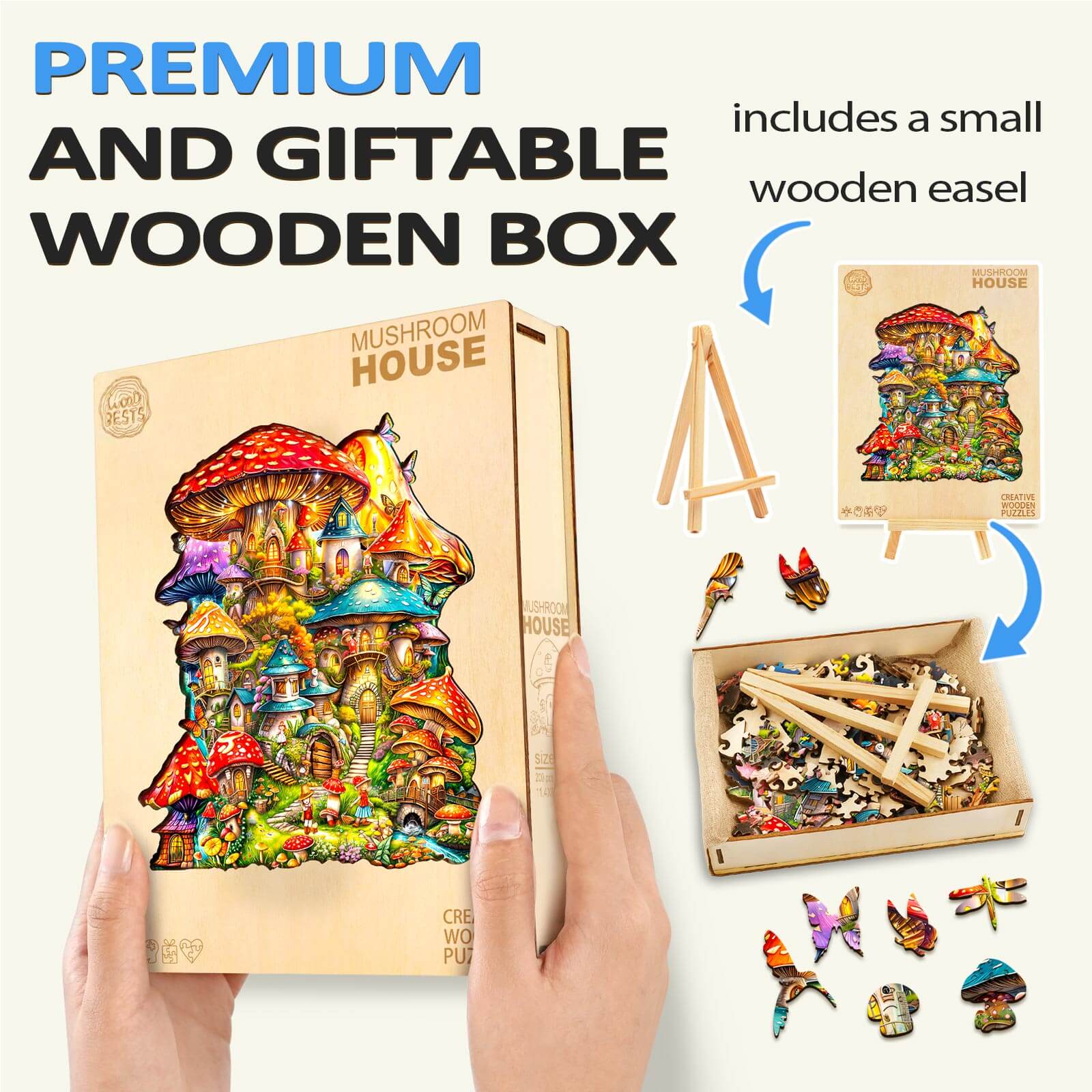 Mushroom House wooden jigsaw puzzle in a gift box, includes easel, designed for focused mind games and exploration.