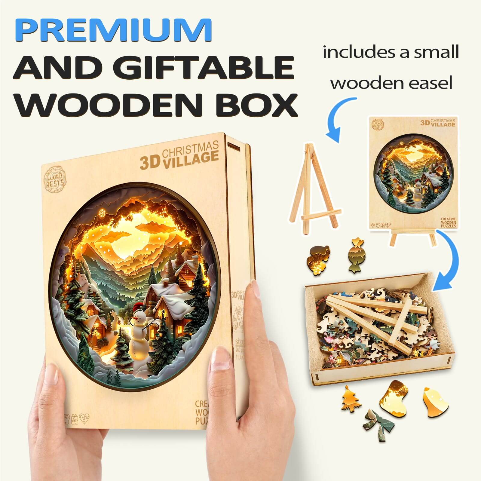3D Christmas Village wooden jigsaw puzzle in a premium gift box, including a small wooden easel for display.