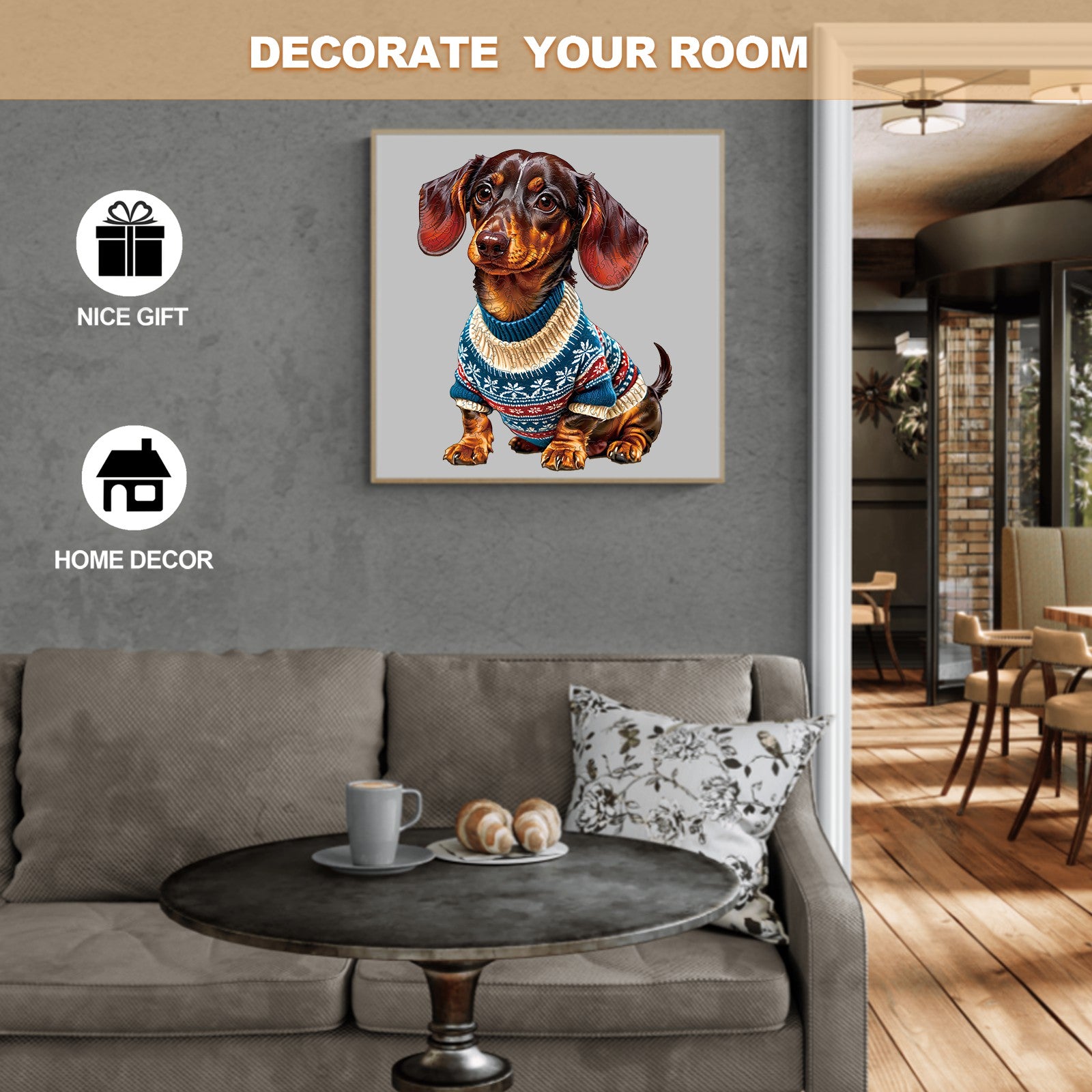Decorative artwork of a trendy Dachshund in a sweater, perfect for home decor and as a unique gift.