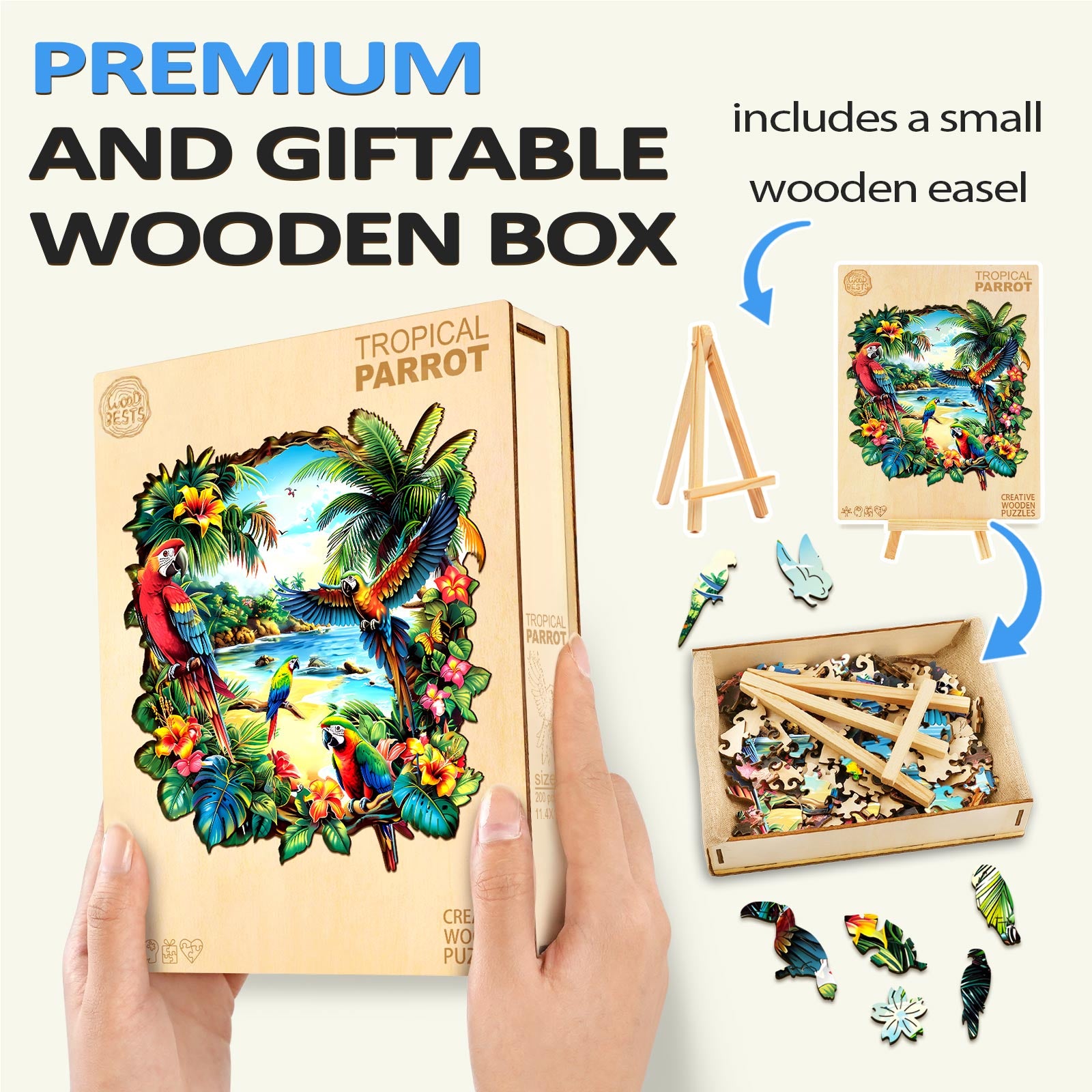 Tropical Parrot wooden jigsaw puzzle, premium gift box with easel, perfect for puzzle lovers and mental games.