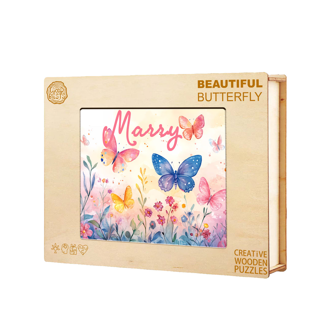 Butterfly in the flowers - Children's Name Custom Wooden Jigsaw Puzzle