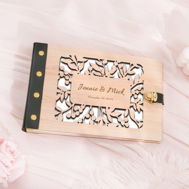 Wooden Photo Album with Carved Flowers and Engraved Names