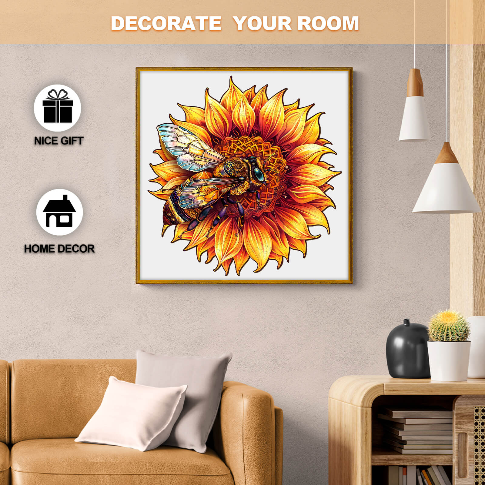 Decorative bee and sunflower art for home decor, perfect as a nice gift to brighten up your room.