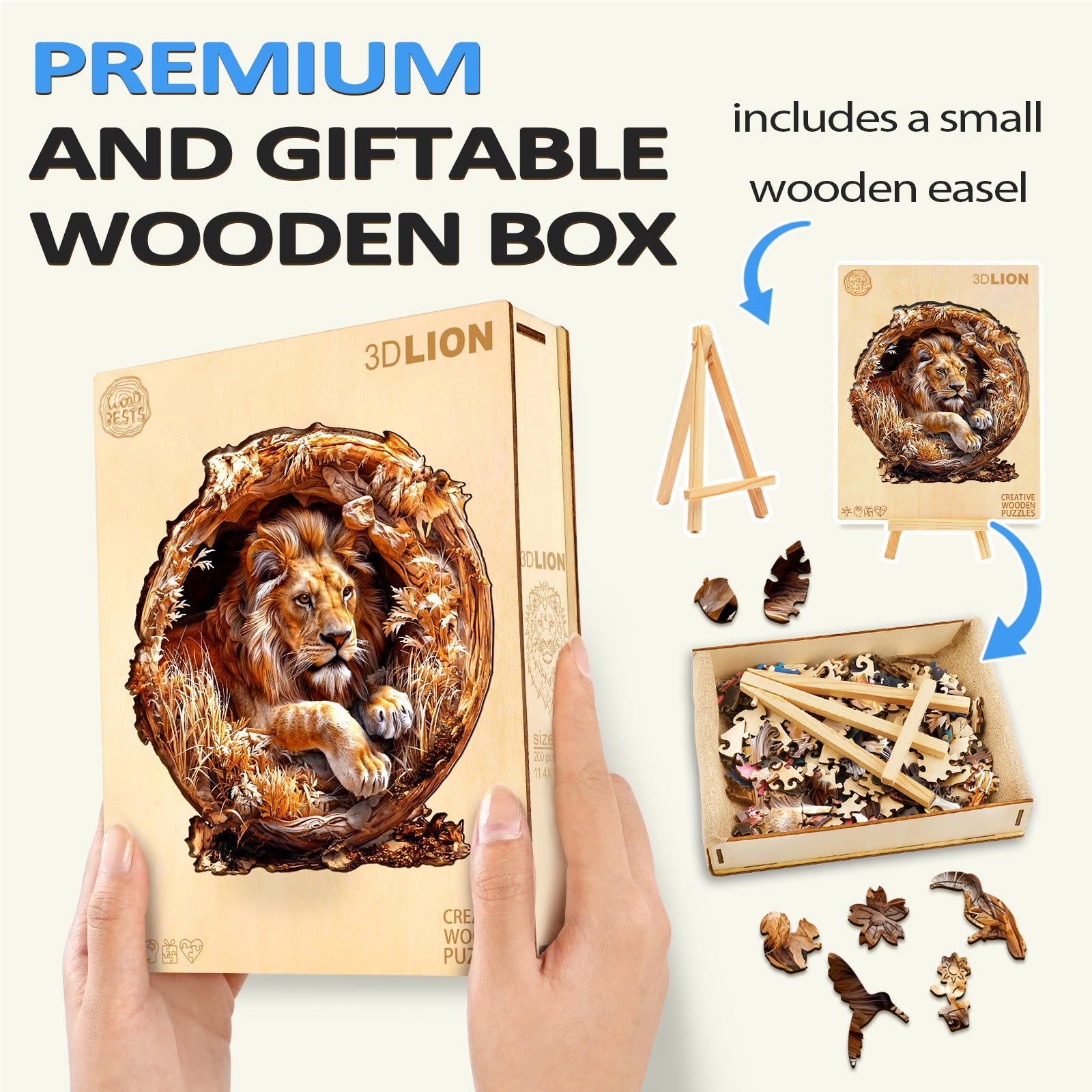Premium 3D Lion wooden jigsaw puzzle in a gift box, with a small easel and puzzle pieces included.