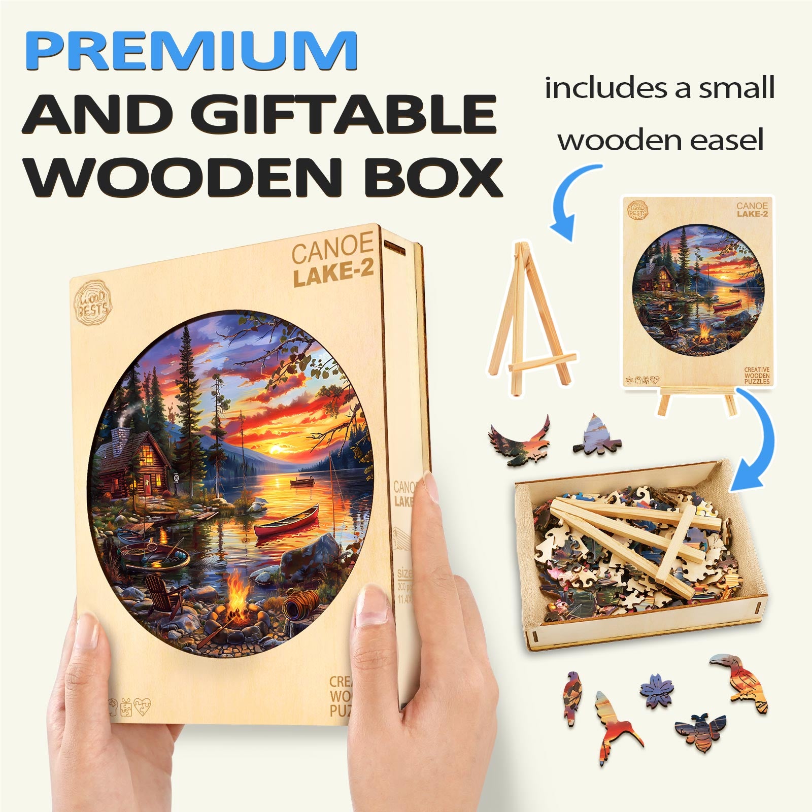 Canoe Lake-2 wooden jigsaw puzzle in a gift box with easel, perfect for enhancing focus and mind games.