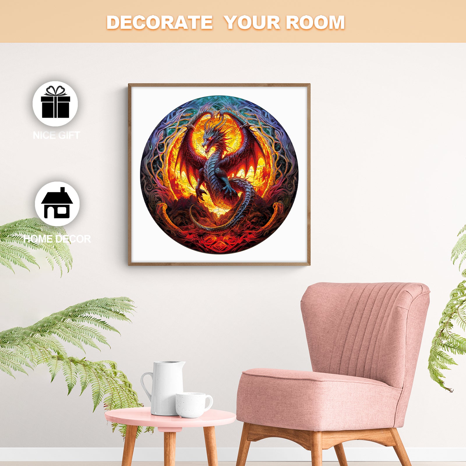 Fiery Dragon-2 Wooden Jigsaw Puzzle displayed as vibrant wall art in modern decor with a cozy seating area.
