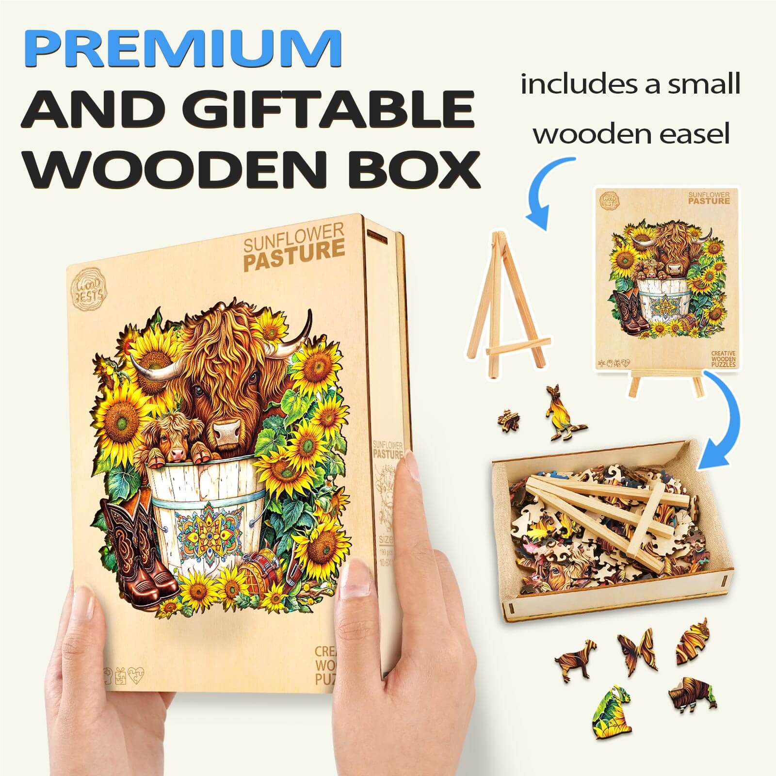 Sunflower Pasture wooden jigsaw puzzle in premium gift box with small easel and colorful pieces for mental focus.