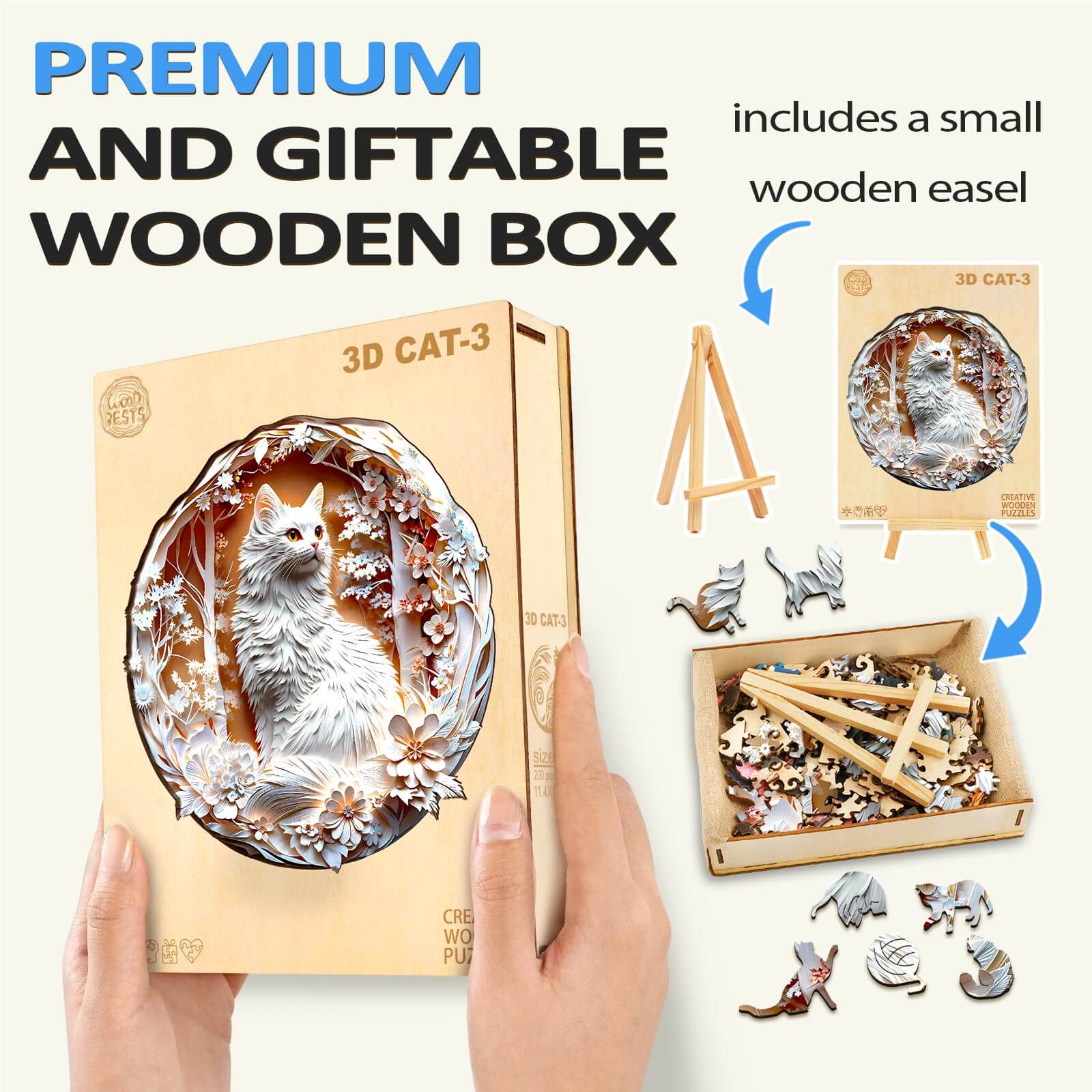 3D Cat-3 wooden jigsaw puzzle in a premium gift box, includes a small wooden easel for display.