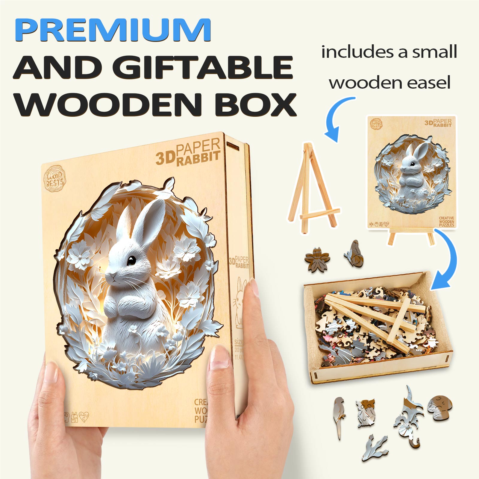 3D Paper Rabbit wooden jigsaw puzzle in a premium gift box, includes a small wooden easel and puzzle pieces.