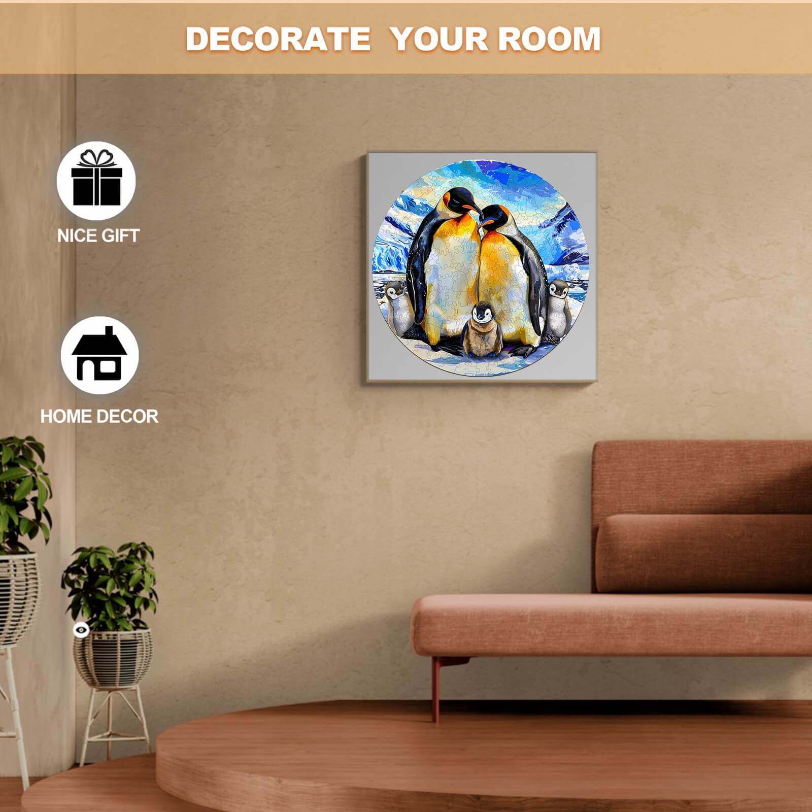 Penguin family wooden jigsaw puzzle displayed in a cozy living room setting, ideal for home decor and gifts.