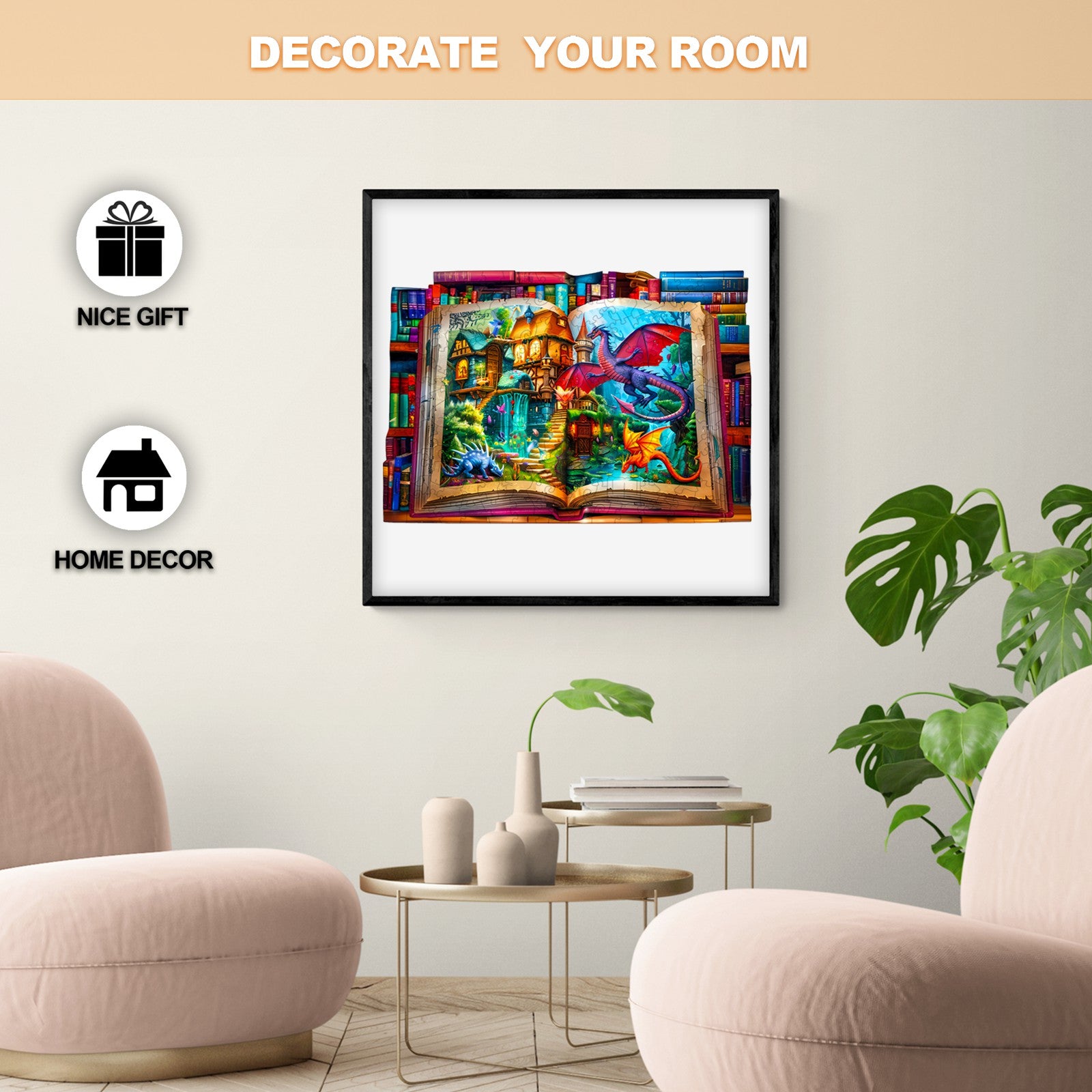 Colorful illustration of a fantasy book with dragons, enhancing home decor for a whimsical touch.