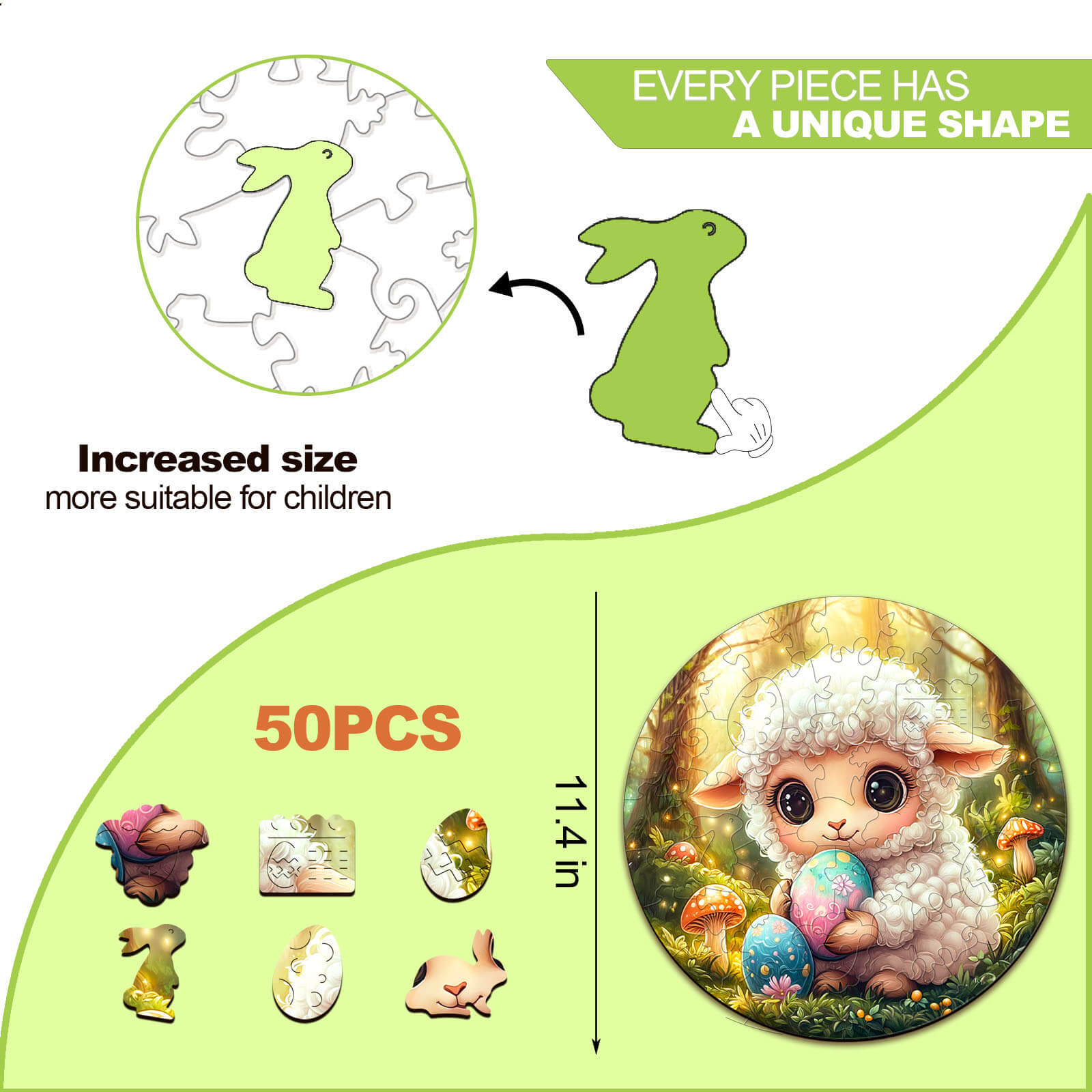 Cute Easter Sheep children's wooden jigsaw puzzle with unique pieces, 50 pieces, 11.4 inches suitable for kids.