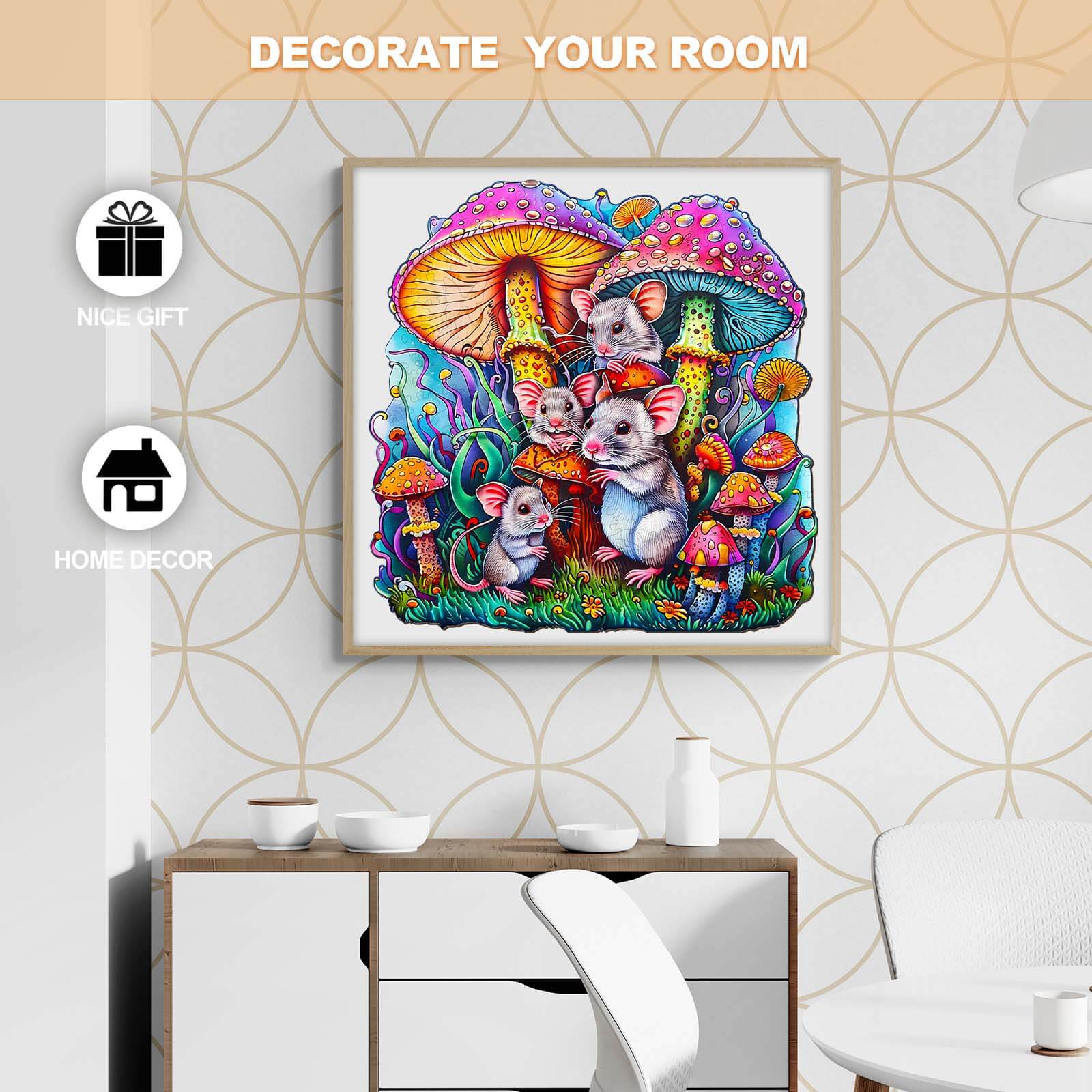 Colorful artwork of a mouse family among mushrooms, perfect for home decor and gifts.