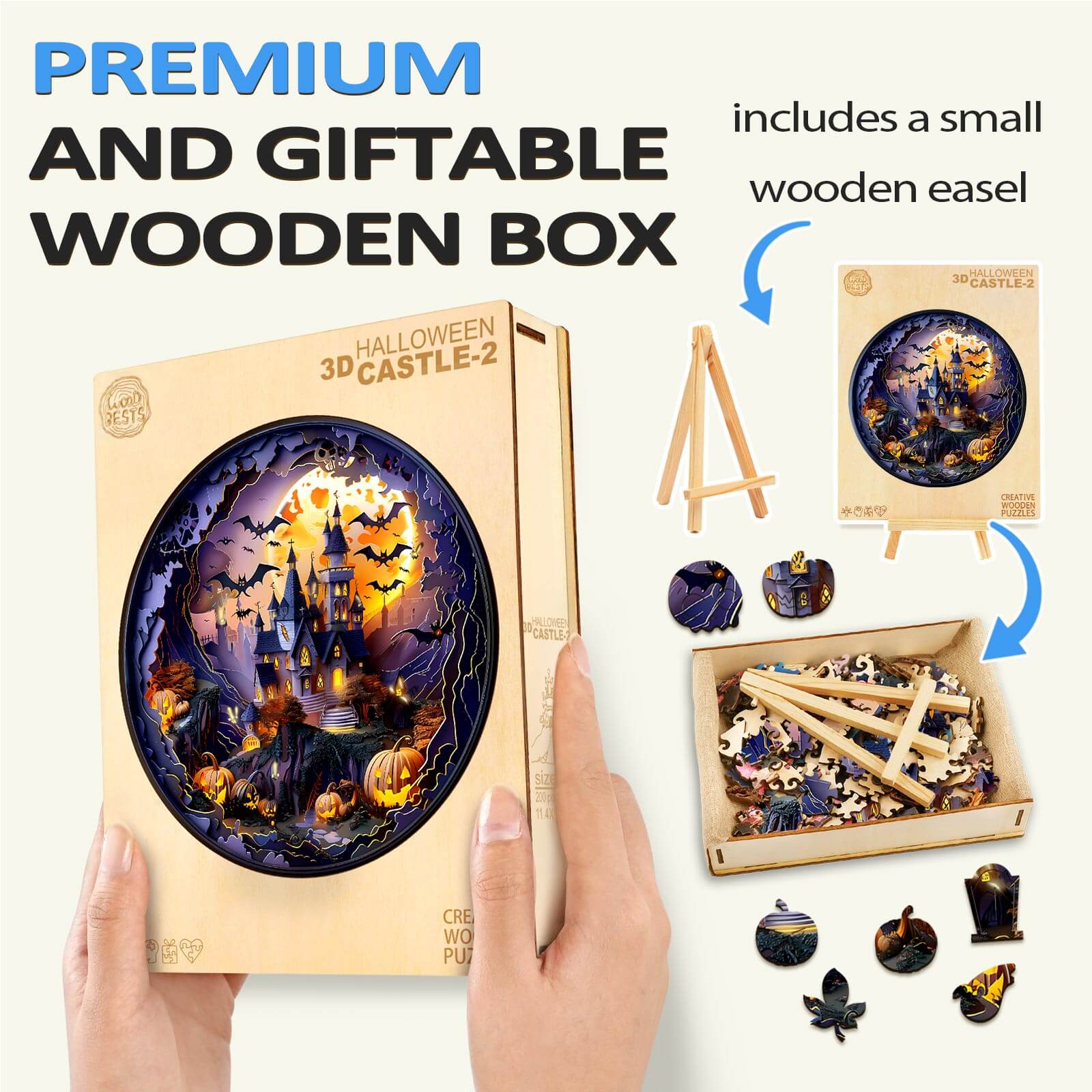 3D Halloween Castle-2 wooden jigsaw puzzle in a premium box with small easel, perfect for gifting and focus-enhancing mind games.