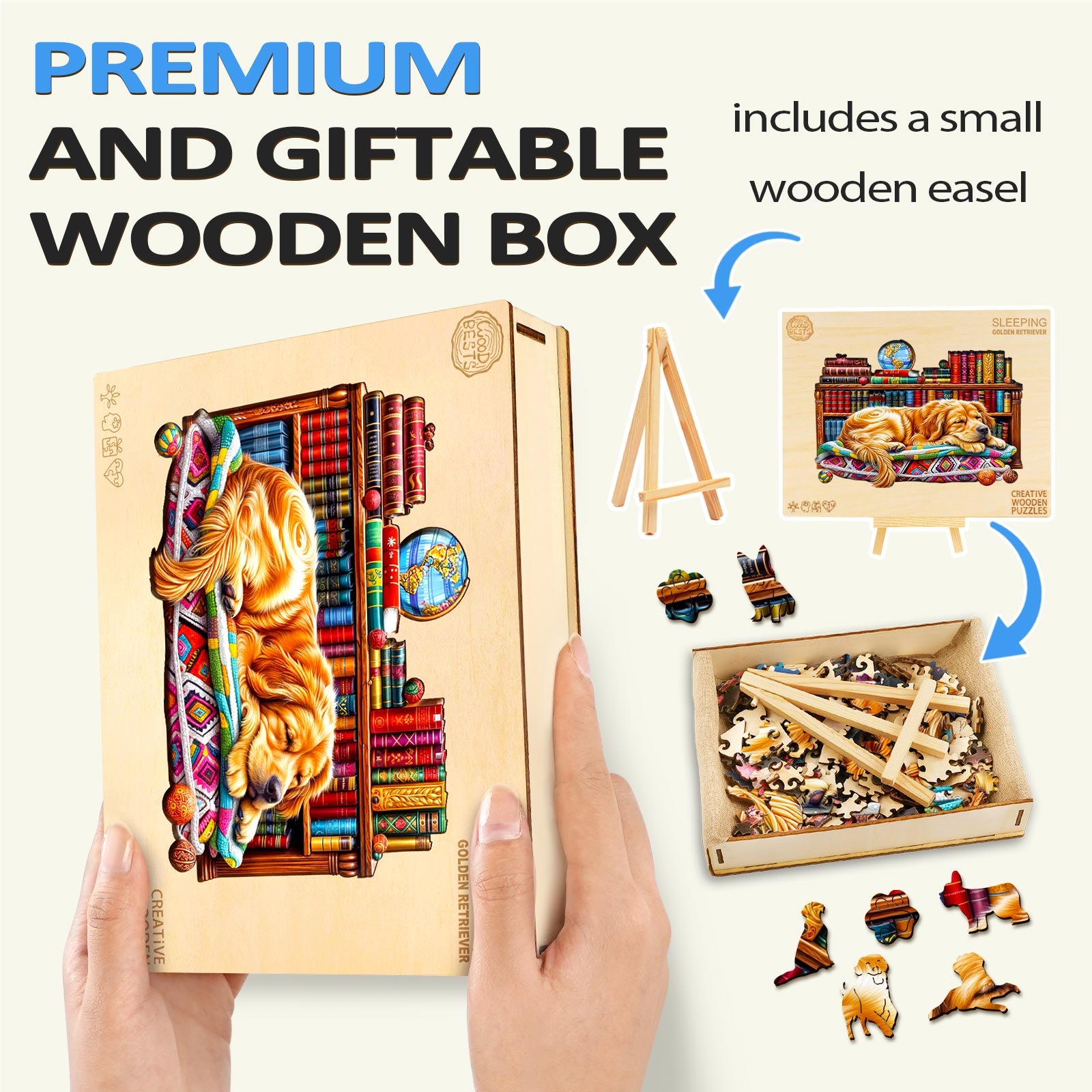 Premium Sleeping Golden Retriever wooden jigsaw puzzle in a giftable box with an easel for display.