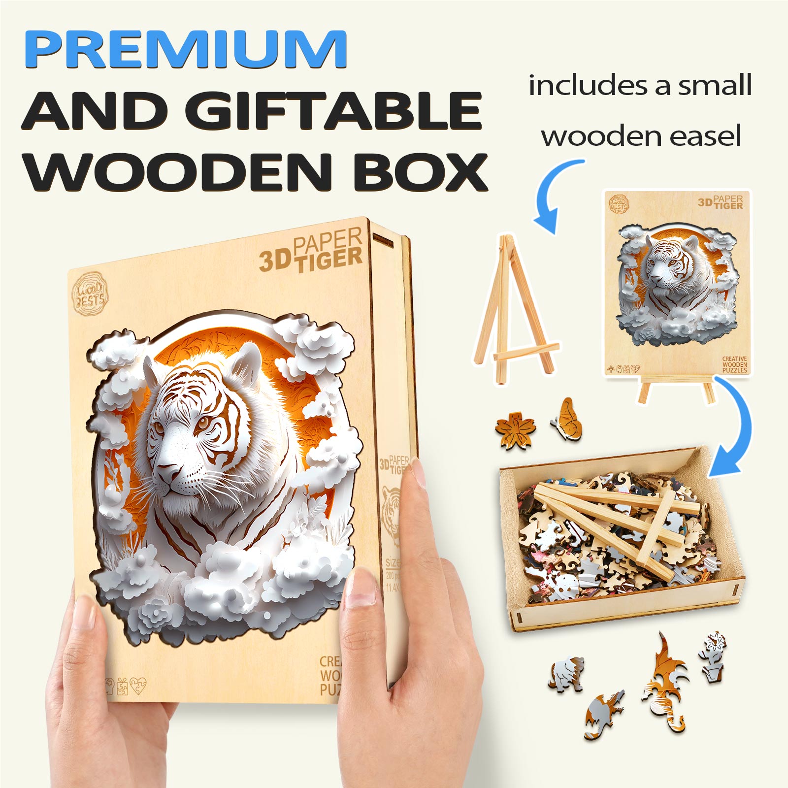 3D Paper Tiger wooden jigsaw puzzle in premium gift box, featuring a wooden easel and intricate tiger design.