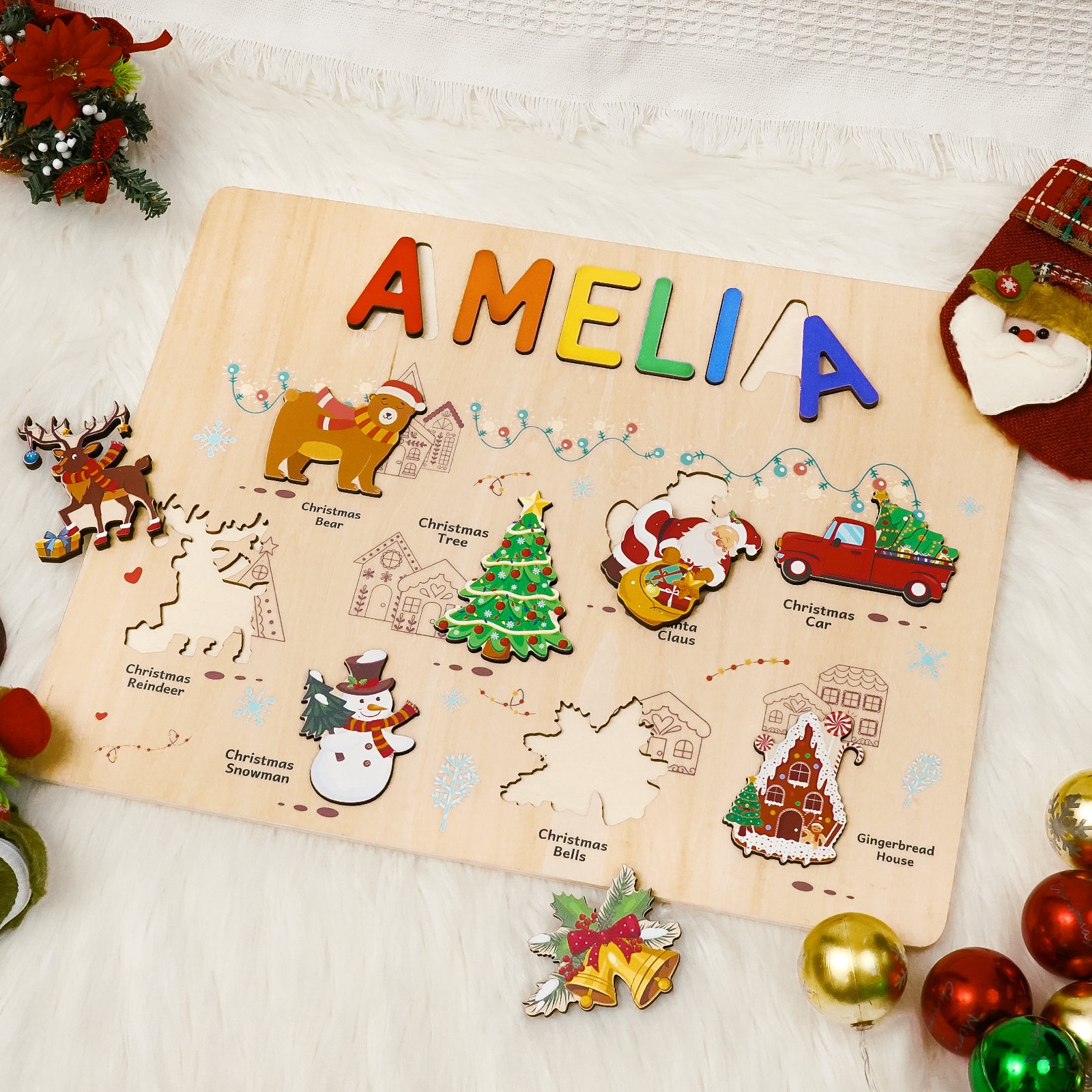 Personalized Wooden Name Puzzle -Merry Christmas for Toddlers