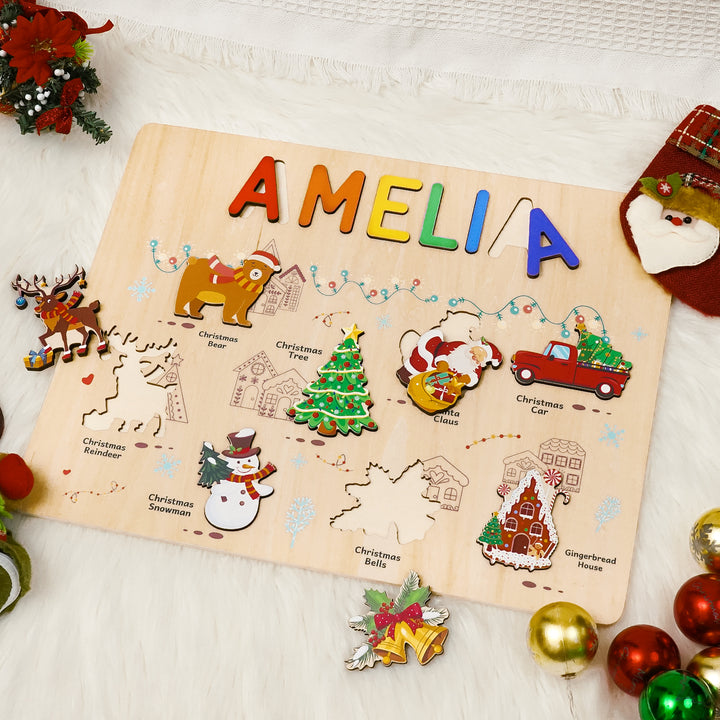 Personalized Wooden Name Puzzle -Merry Christmas for Toddlers