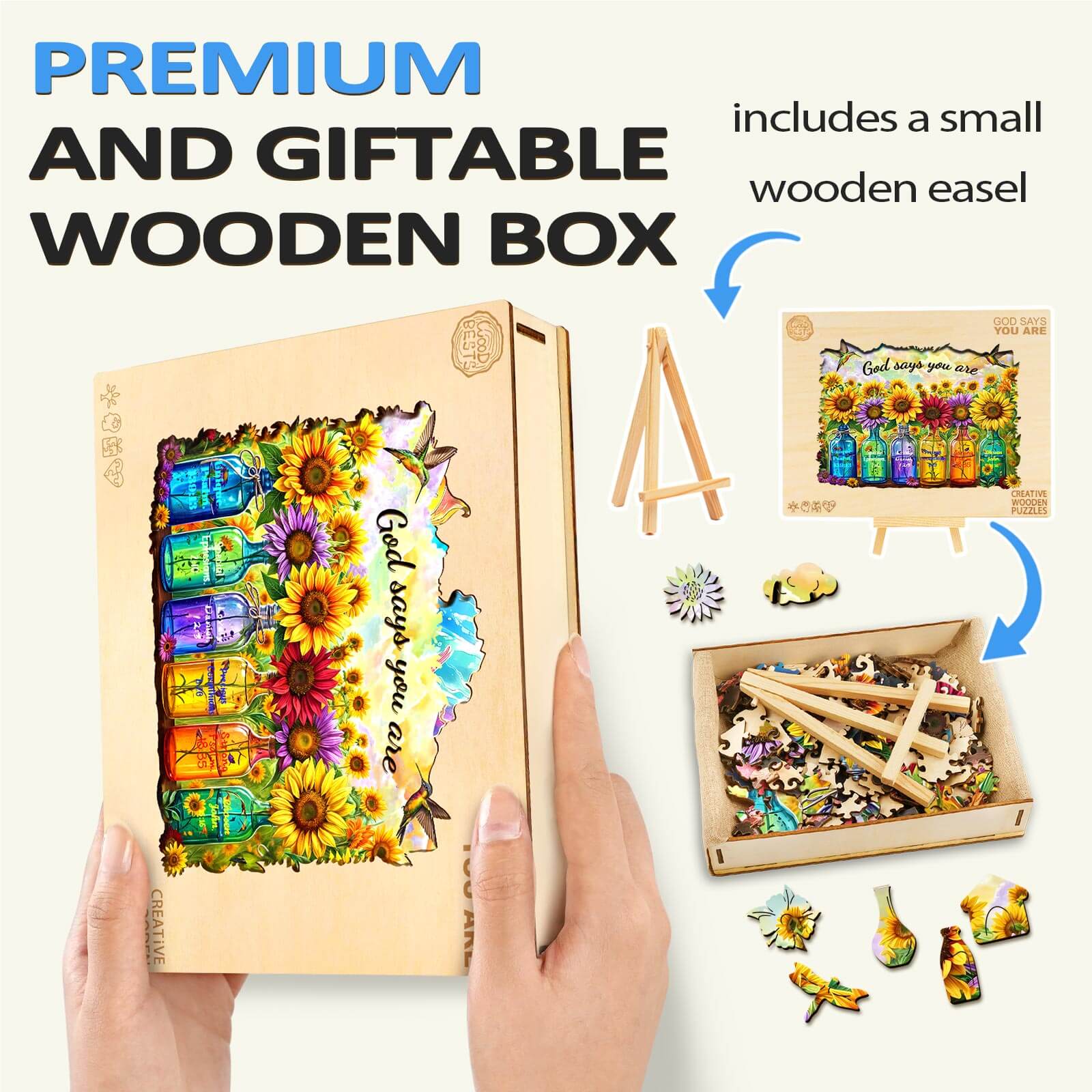 God Says You Are wooden jigsaw puzzle in a gift box with a small easel, designed for mindful exploration and focus.