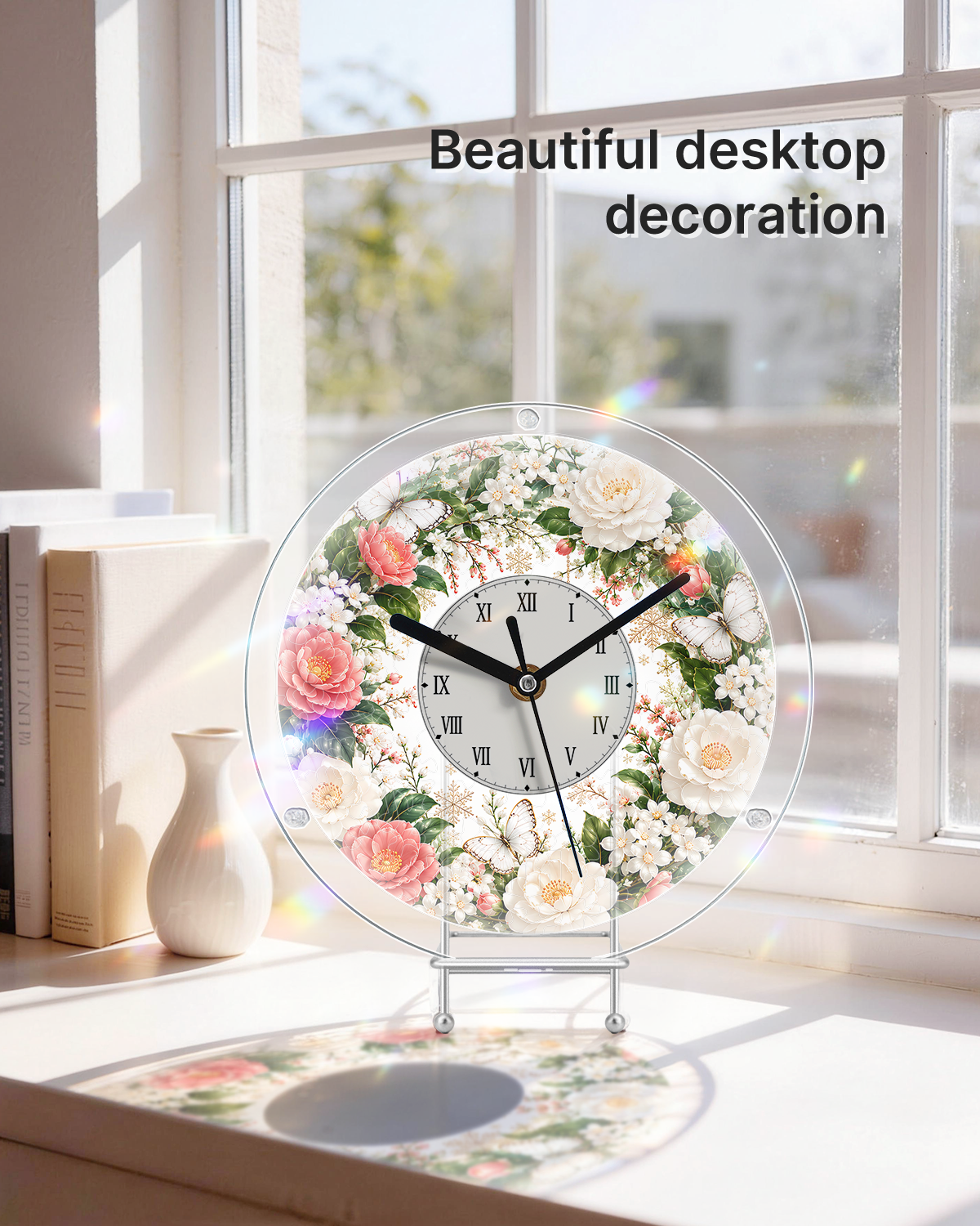 DIY Acrylpuzzle-Uhr Bausatz - Rosa Weiße Rosen
