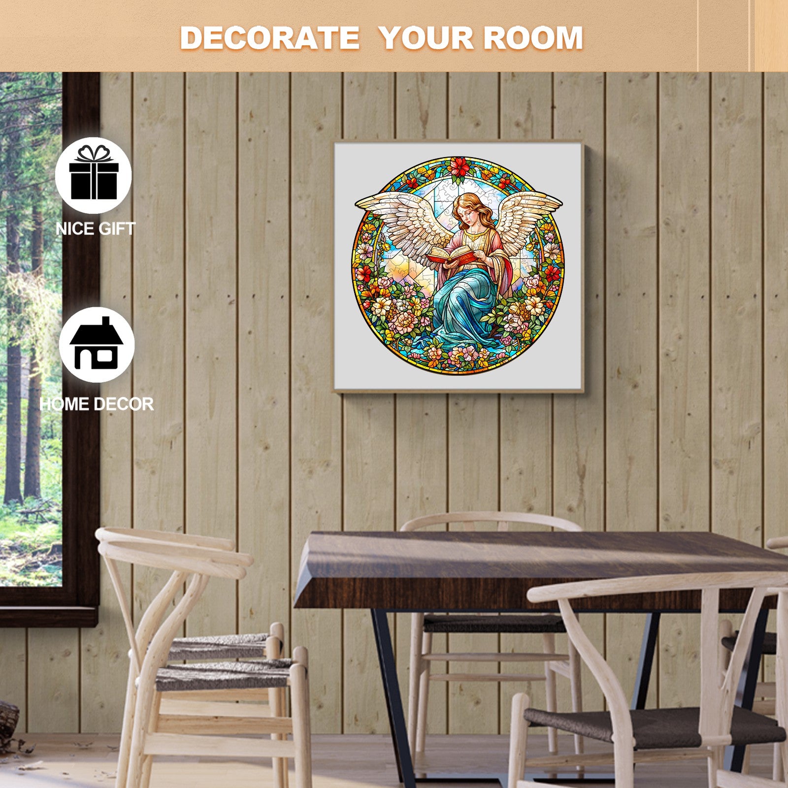 Angelic Garden wall art in cozy room decor, featuring an angel surrounded by flowers, perfect for home decoration.
