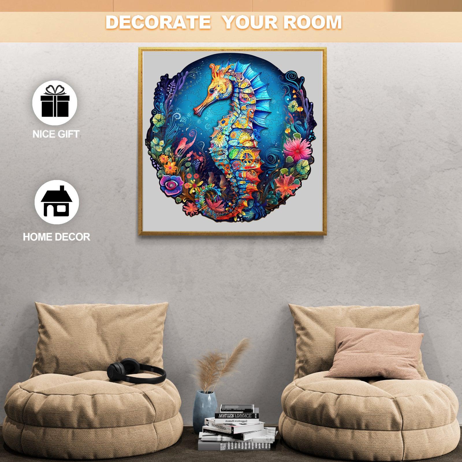 Colorful seahorse artwork displayed above cozy chairs, enhancing home decor and a perfect gift.