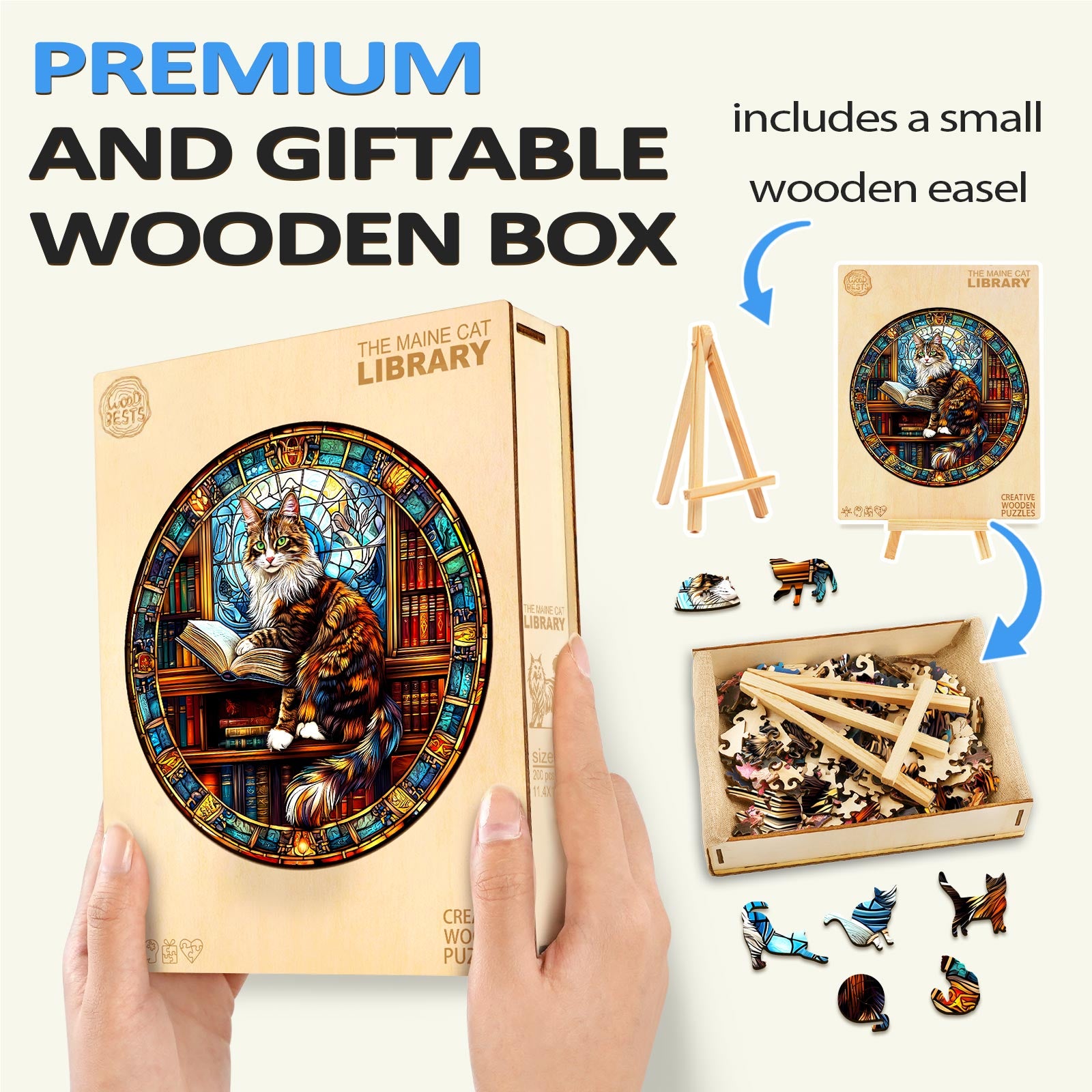 Maine Cat Library wooden jigsaw puzzle in a gift box with small wooden easel and colorful puzzle pieces.