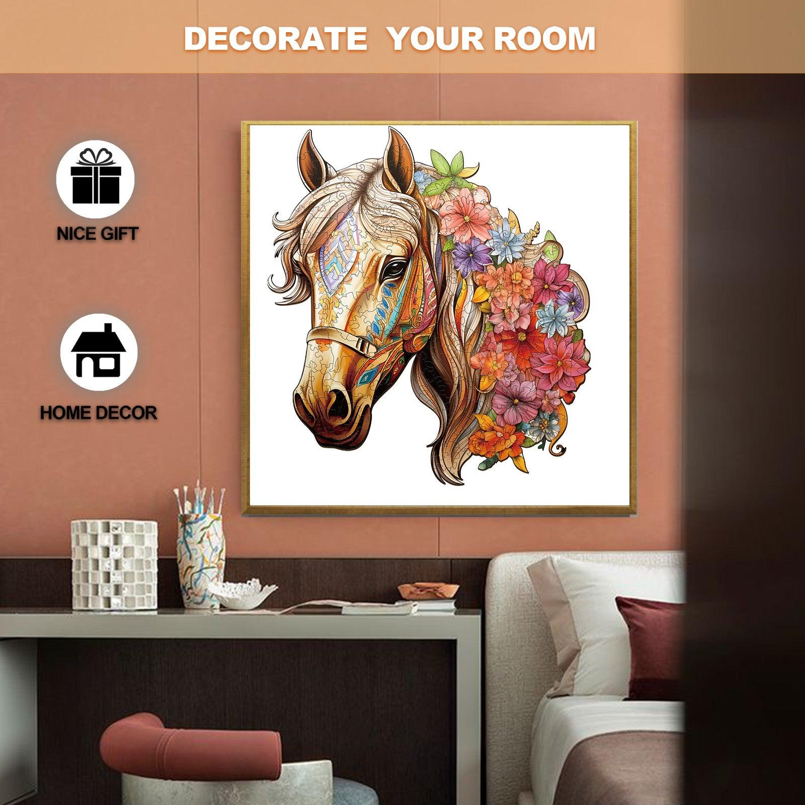Vibrant floral horse art print for home decor, perfect for decorating your room with unique style.