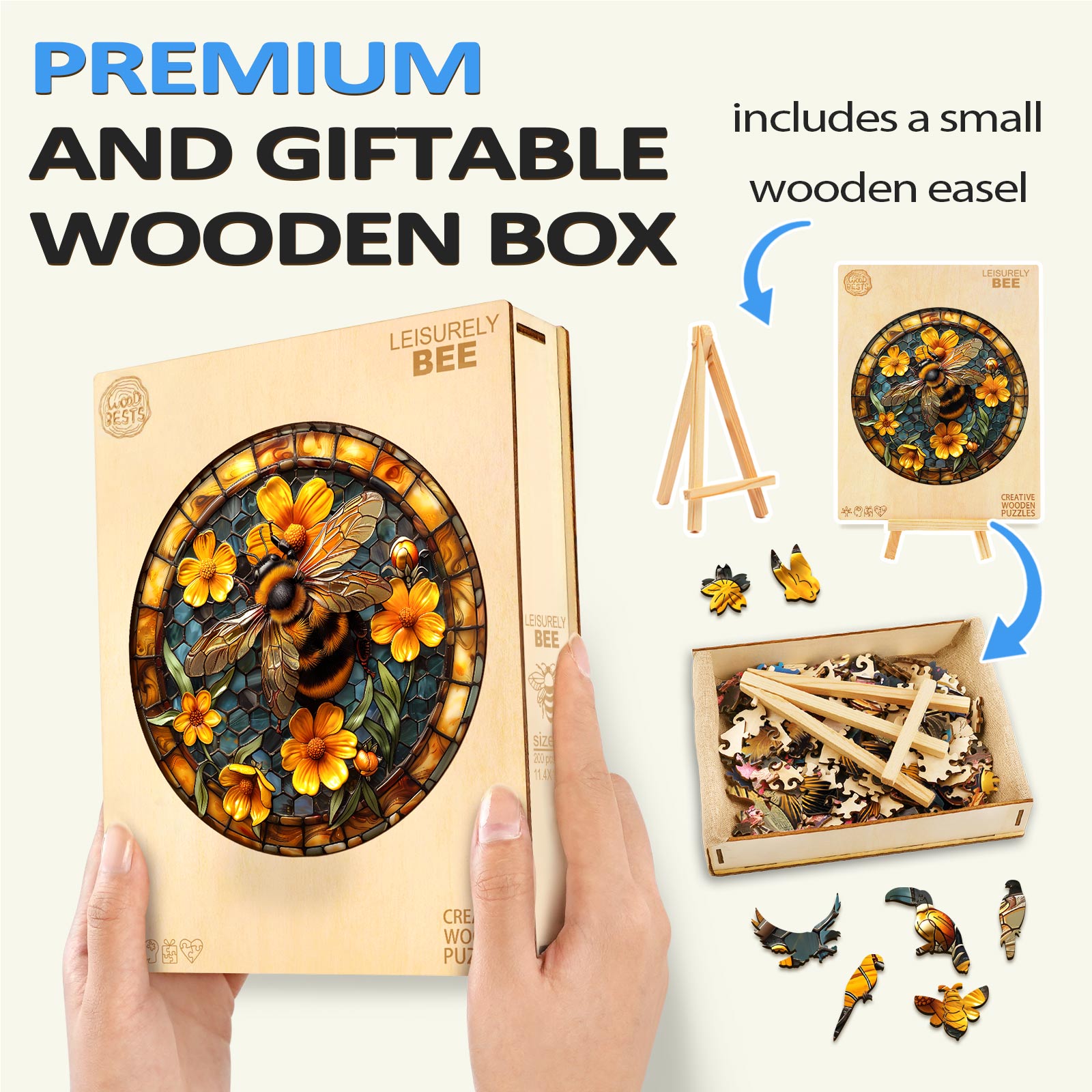 Leisurely Bee wooden jigsaw puzzle in premium gift box with small easel, ideal for mind games and enhancing focus.