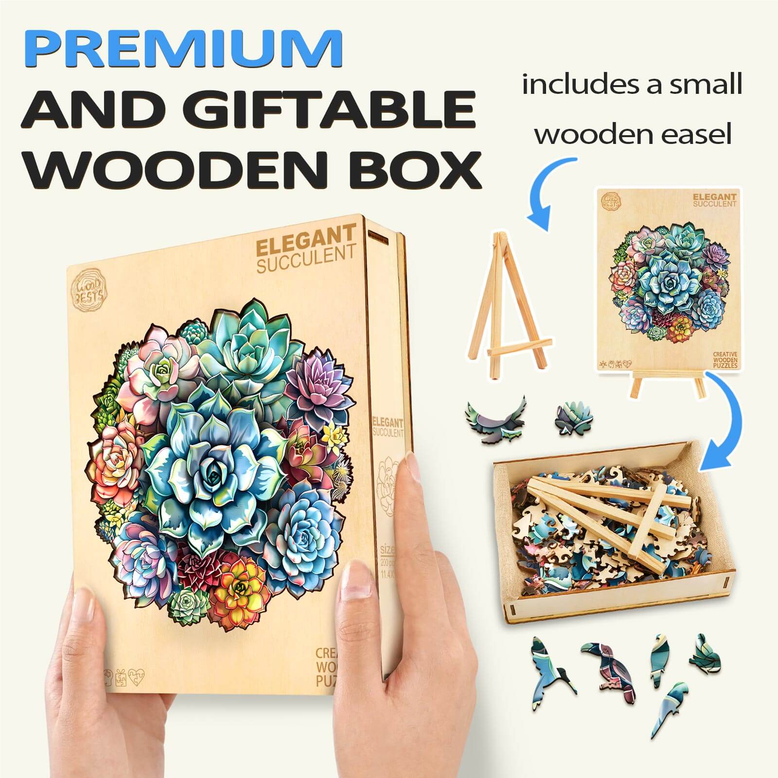 Elegant Succulent Wooden Jigsaw Puzzle in premium gift box with wooden easel, perfect for mindful puzzling and focus enhancement.