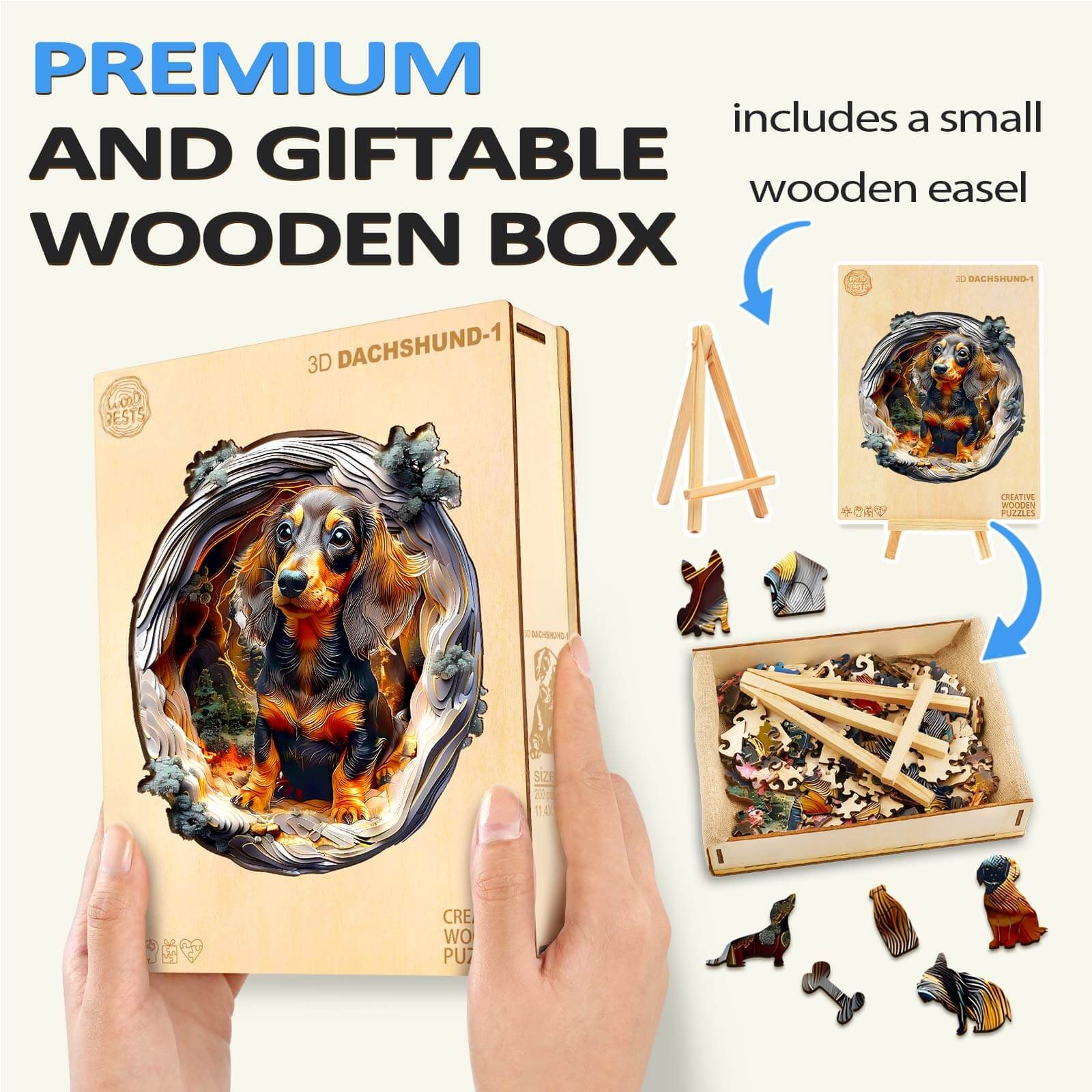 3D Dachshund-1 wooden jigsaw puzzle in a premium gift box with small easel, perfect for all ages and animal lovers.
